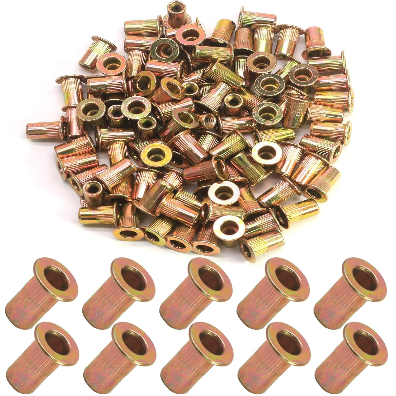 100Pcs #10-32 Rivet Nuts, Carbon Steel Rivnut Flat Head Threaded Insert Nut Knur