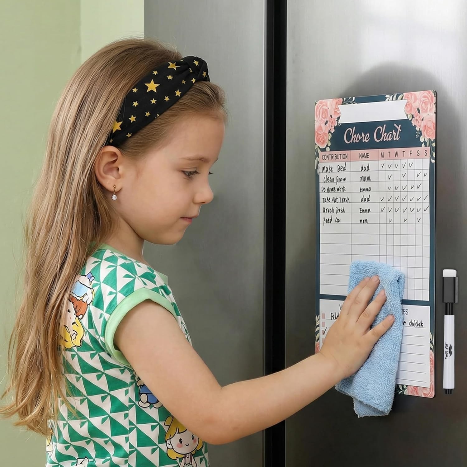 Fridge Magnetic Dry Erase Chore Chart 17×12 Floral Weekly Responsibility Tracker
