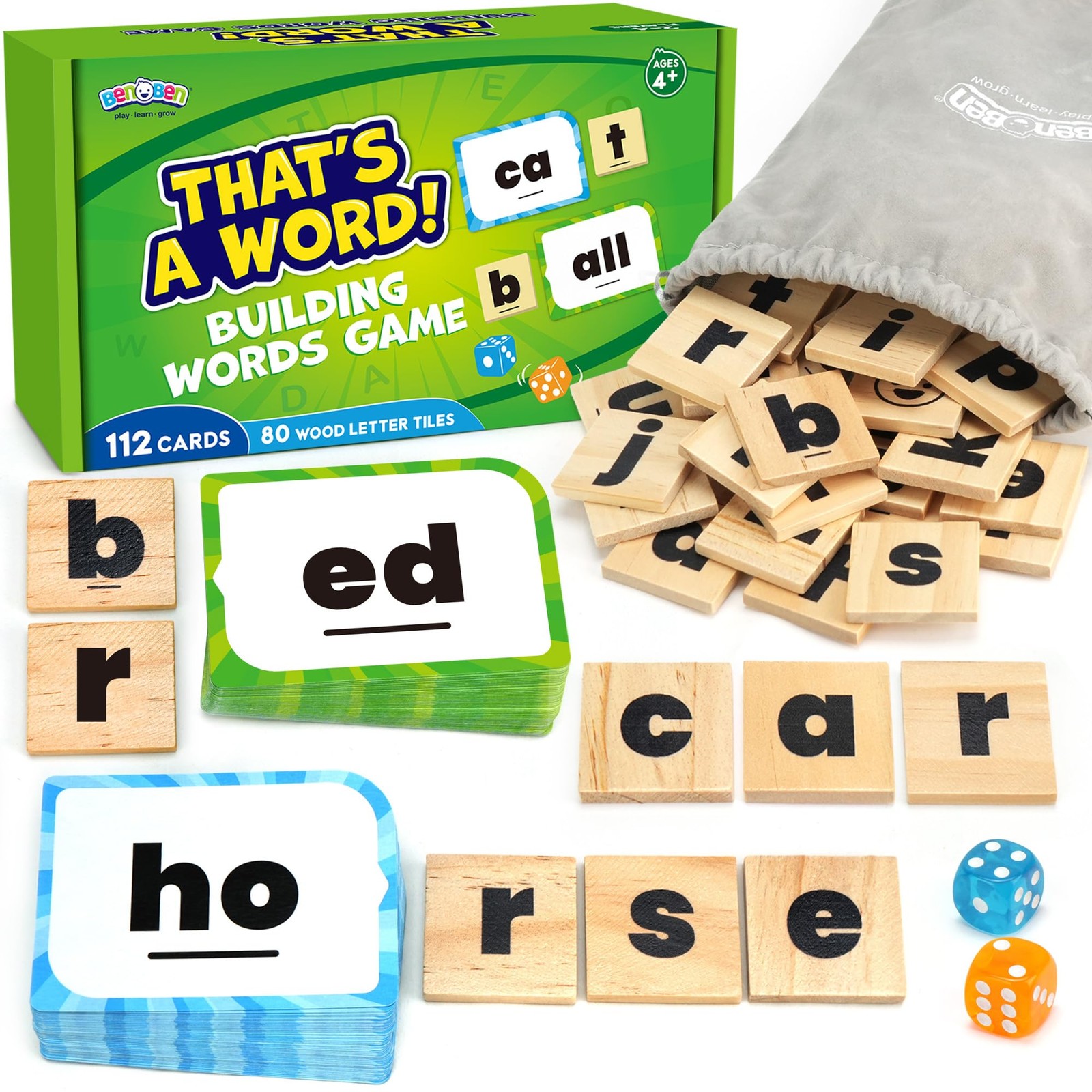 BenBen Family Spelling Games with 112 Flash Cards & Wooden Letter Tiles, CVC Sig