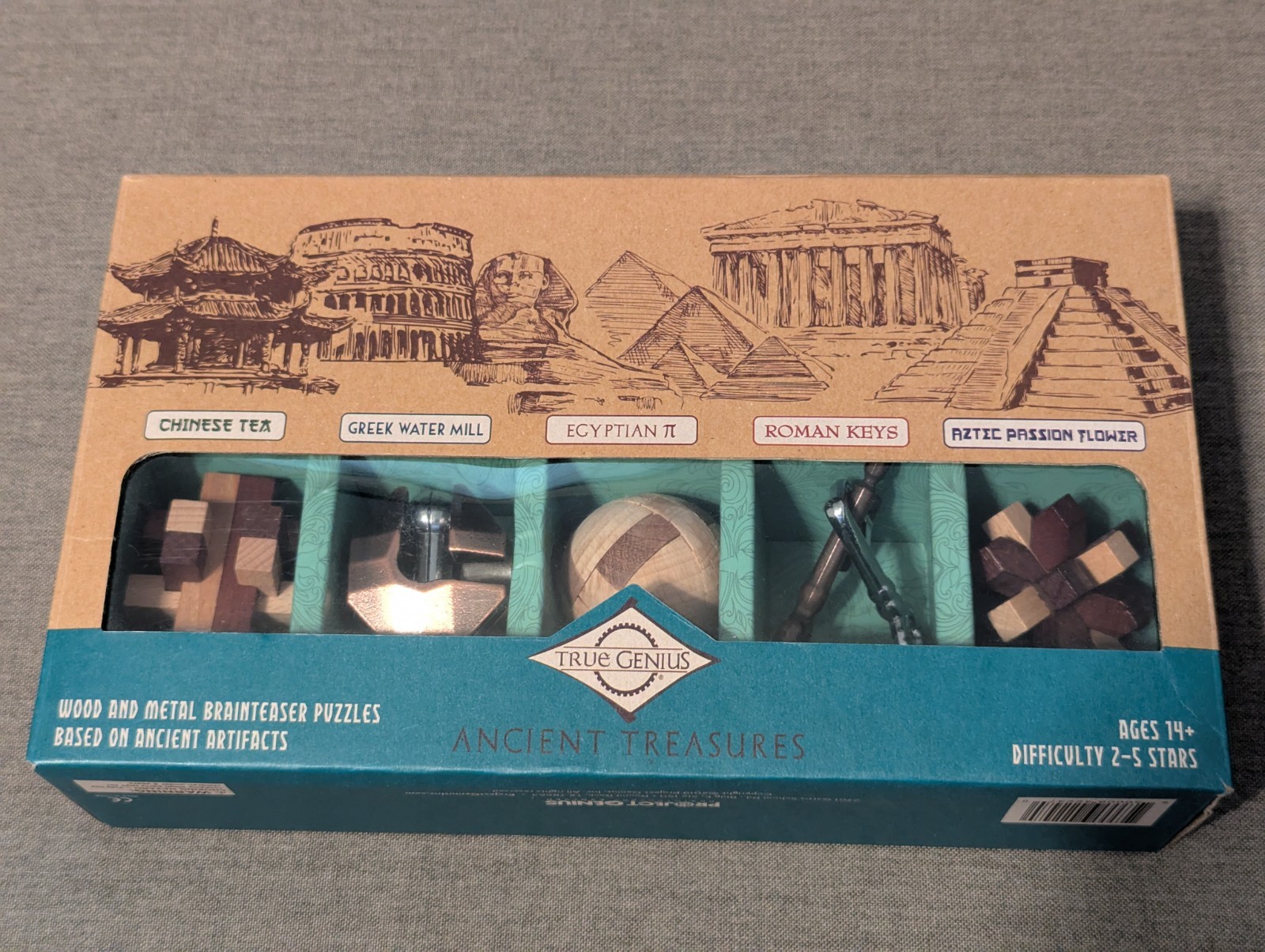 True Genius Ancient Treasures Puzzle Set Wood and Metal Brainteaser Artifact Gif
