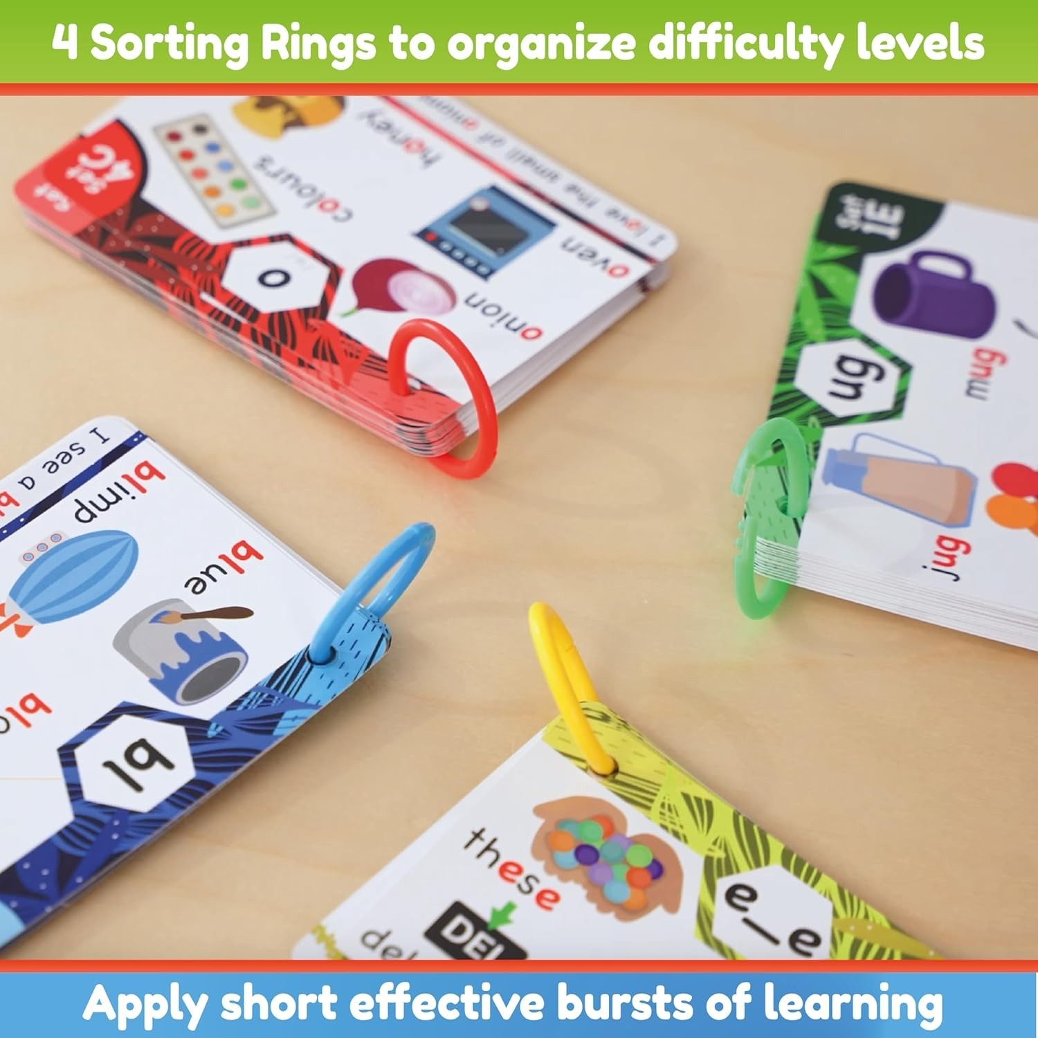 Interactive Phonics Flash Cards – 62 Cards and Sorting Rings for Early Readers