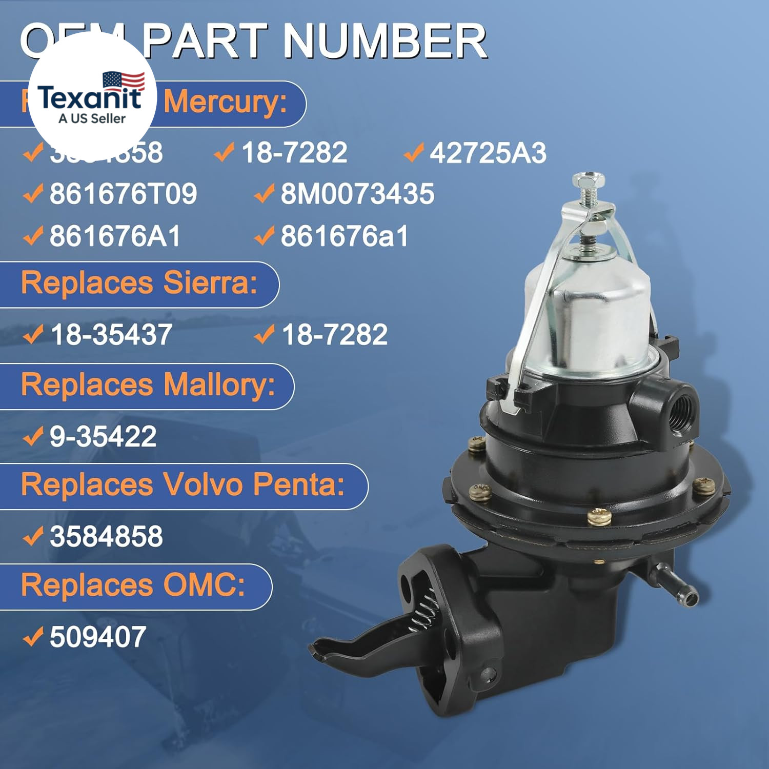 Fuel Pump Mechanical 8M0073435 Replacement for Mercruiser Mercury 120 165 170 18