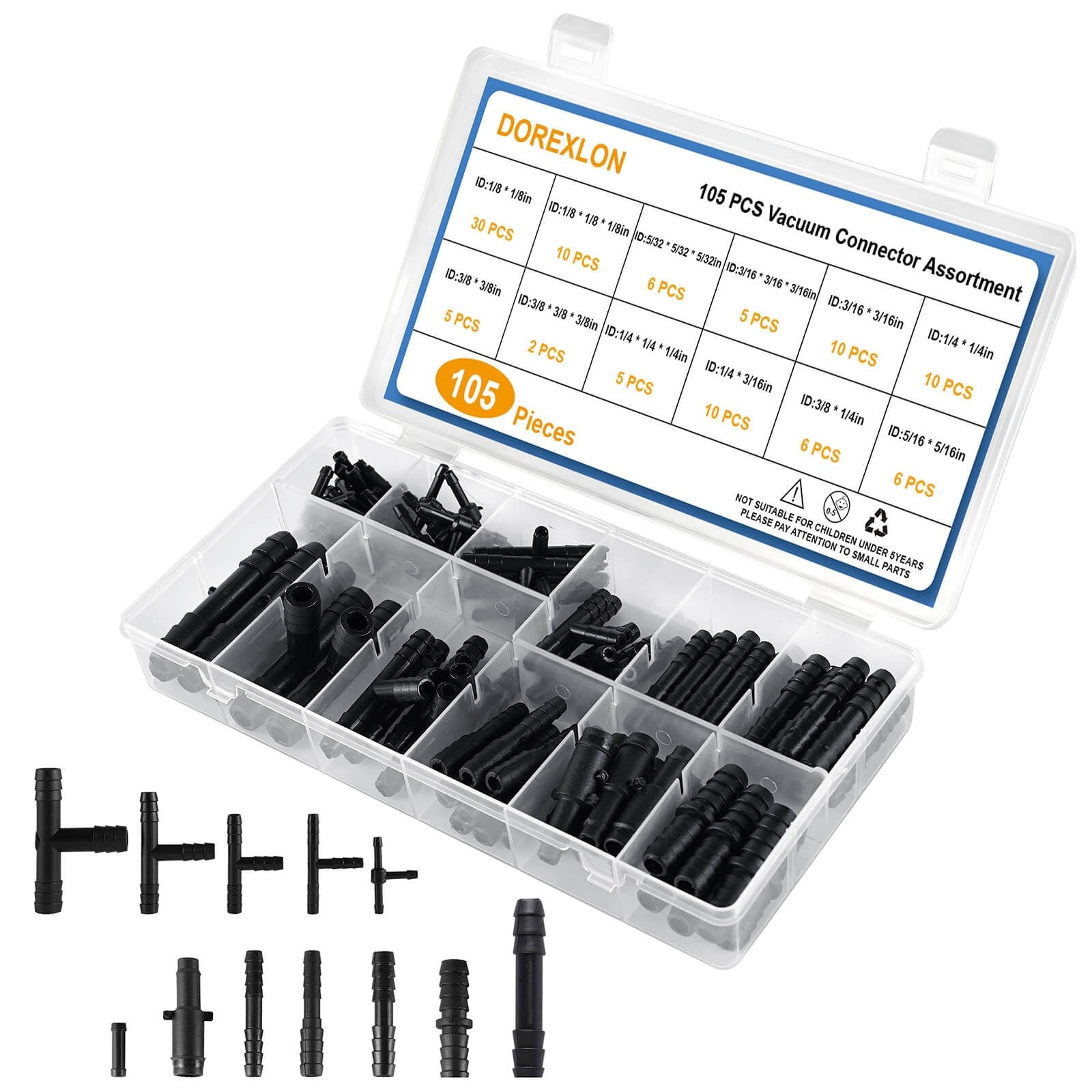 Automotive Vacuum Connector Assortment 105PCS 1/8″ to 3/8″ Tubing Set