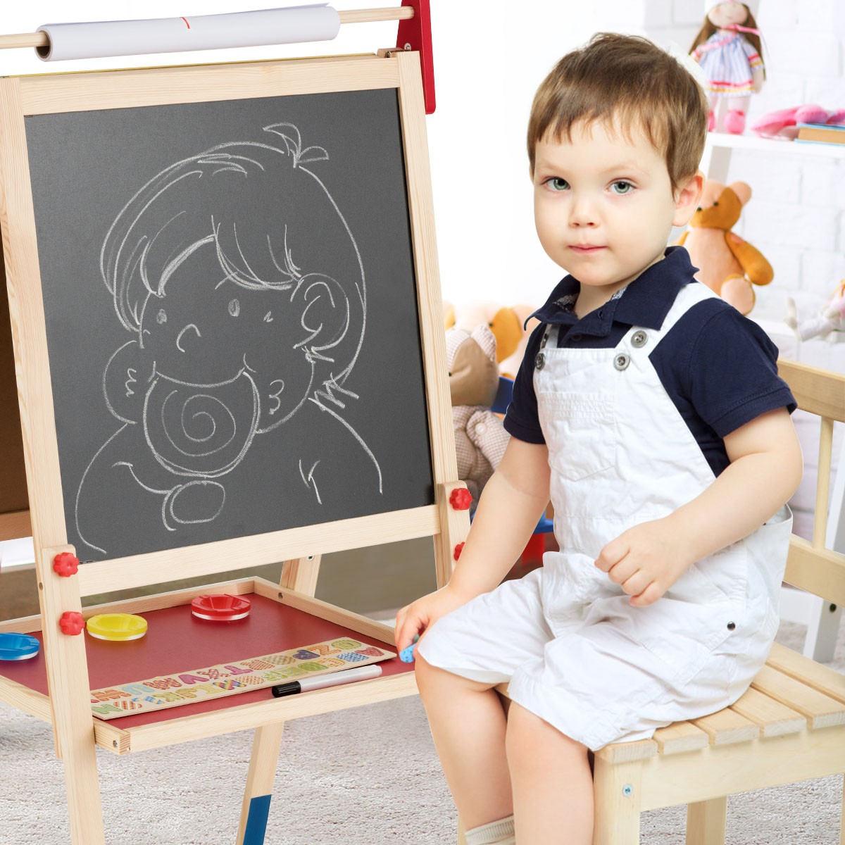 All-in-One Wooden Kid’s Art Easel Height Adjustable Activity Easel w/Paper Roll