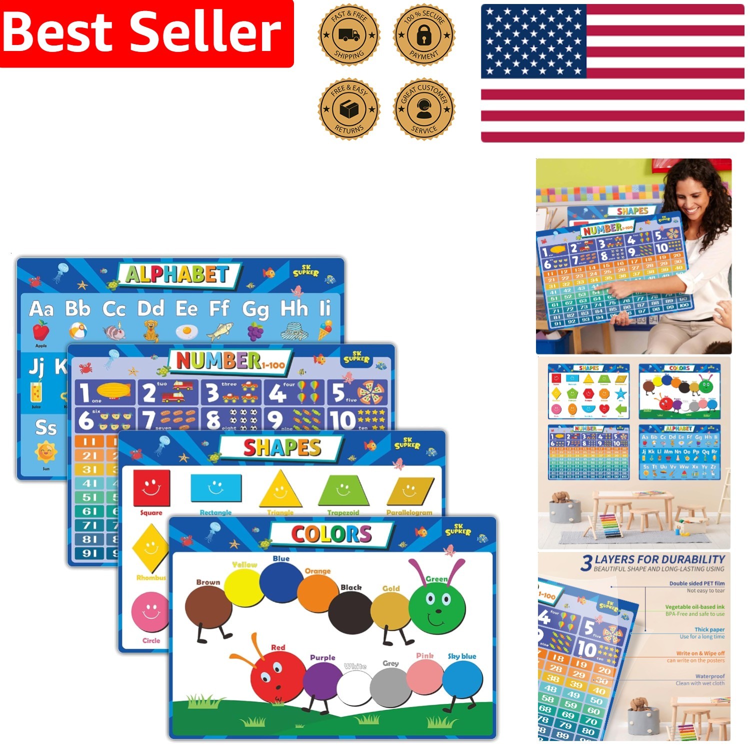 Kids Charts: 4x Laminated ABC Numbers 1-100 Shapes Colors Toddler Education Aid