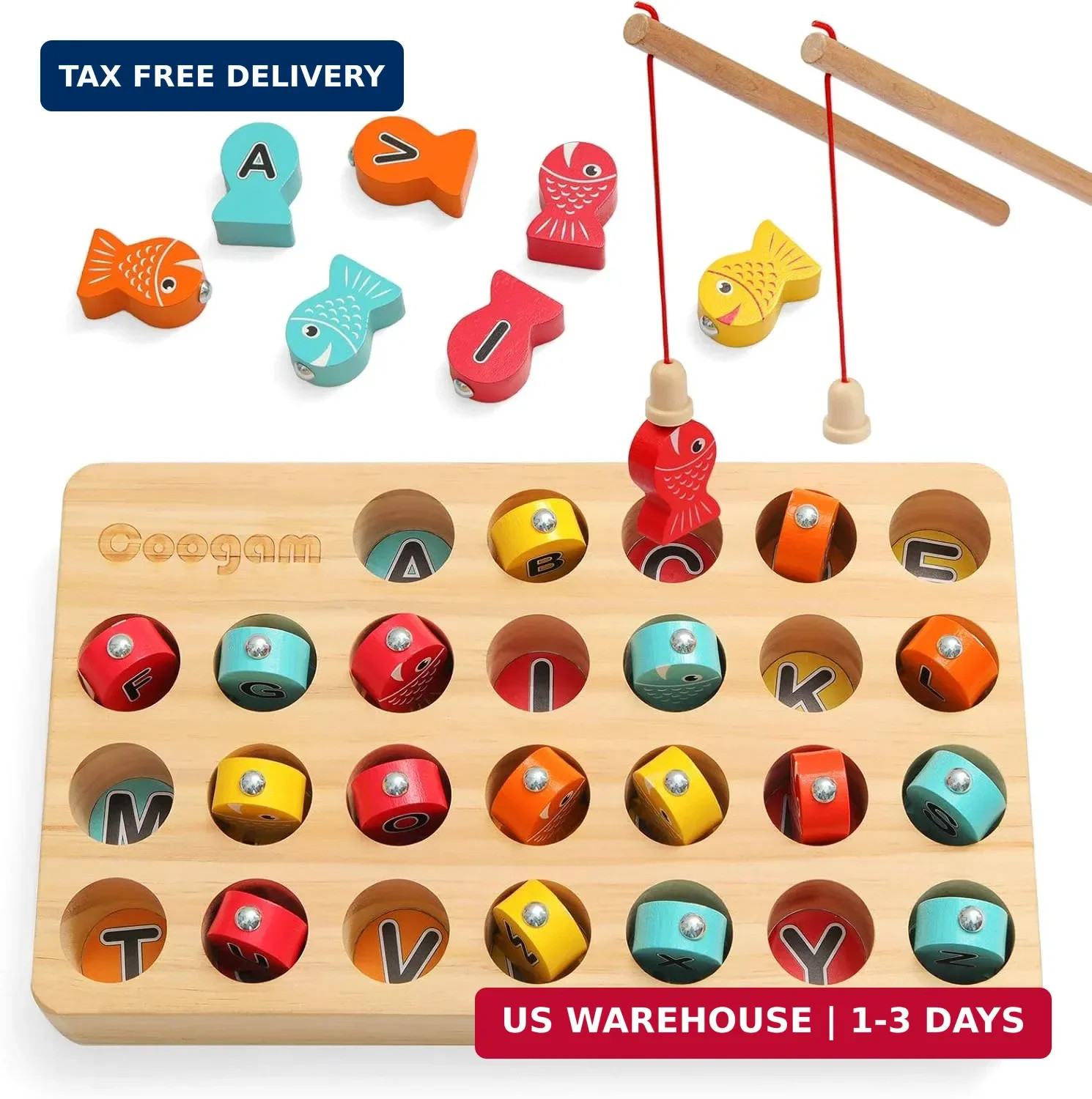 Coogam Wooden Magnetic Fishing Game, Fine Motor Skill Toy ABC Alphabet Color Sor