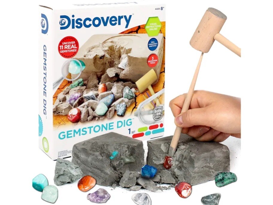 New Discovery Gemstone Dig Uncover 11 Real Gems 3 Excavation Tools Education Toy
