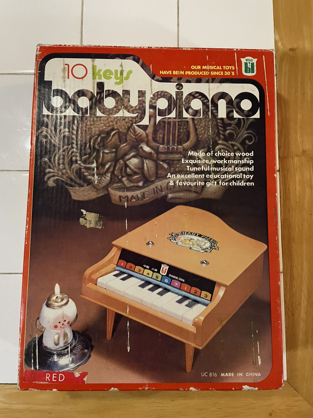 BEILEI Baby Grand Red Piano 12 Key Natural Wood 1950s Musical Instrument Toy