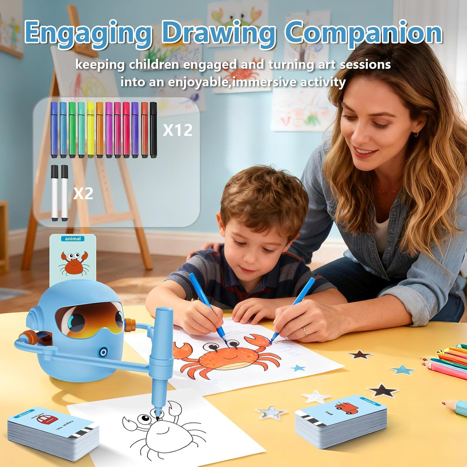 Drawing Robot for Kids, with 100 Design Templates & 12 Color Pens,Voice-Guided P