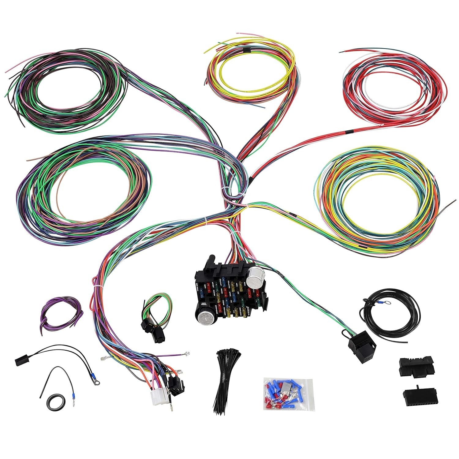 Universal 21 Circuit Wiring Harness Kit Extra Long Wire Standard Color 17 Fuses