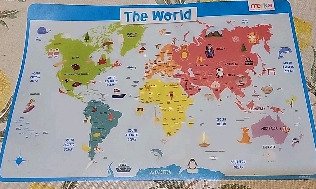 Kids Set Of 3 Educational World Map Place Mat, Numbers & Letters Dry Erase Mats.