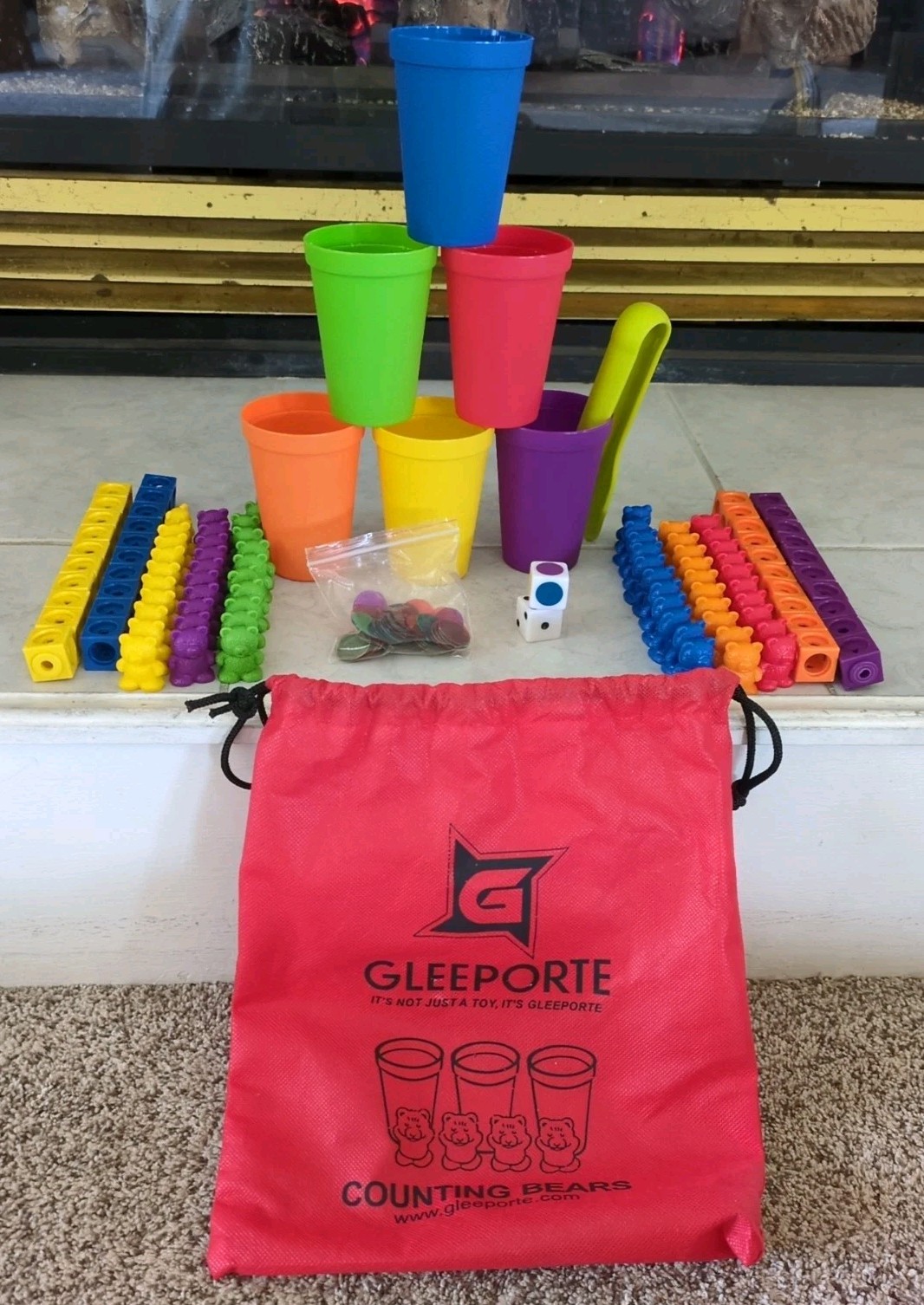 GLEEPORT COUNTING Bears with Cups, Linking Cubes,Dice, Large Tweezers And Bag