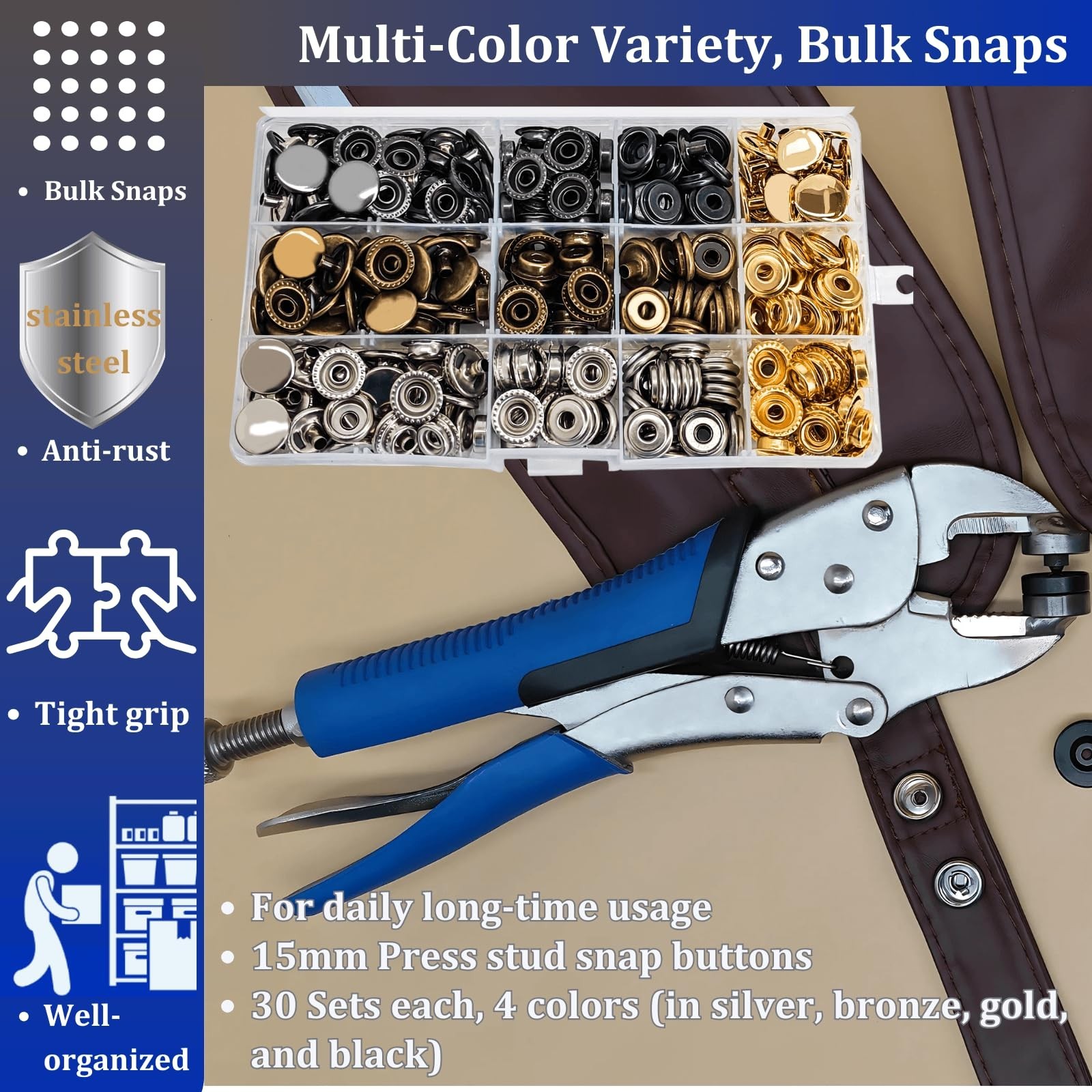 Jiffy2NE1 Snap Button Kit, with 120-Set 15mm Metal Press Stud Button in 4 Col…