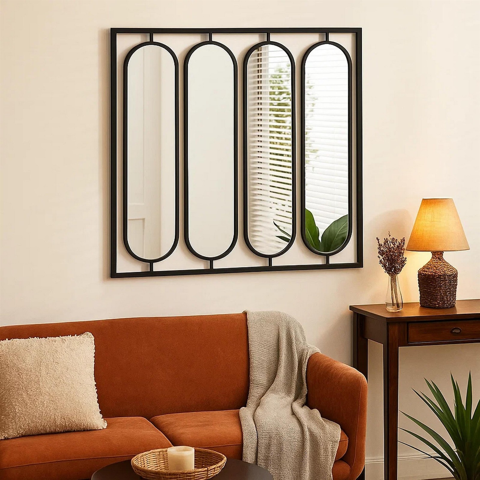 Benjara 36″ Modern Wall Decor- 4 Swiveling Oblong Mirrors- Black Metal Frame