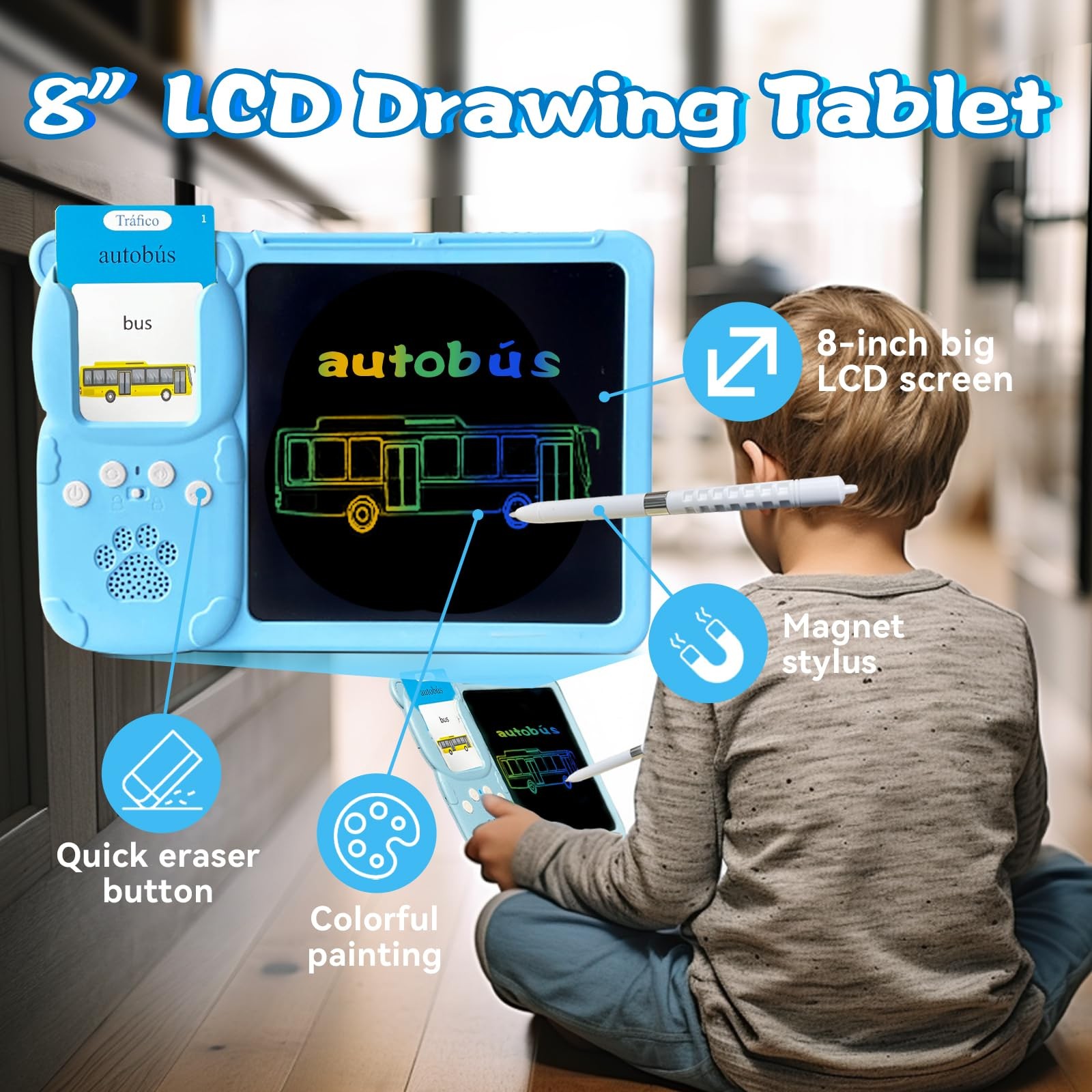 Talking English & Spanish Flash Cards – 8″ LCD Writing Tablet for Kids 3-12, …