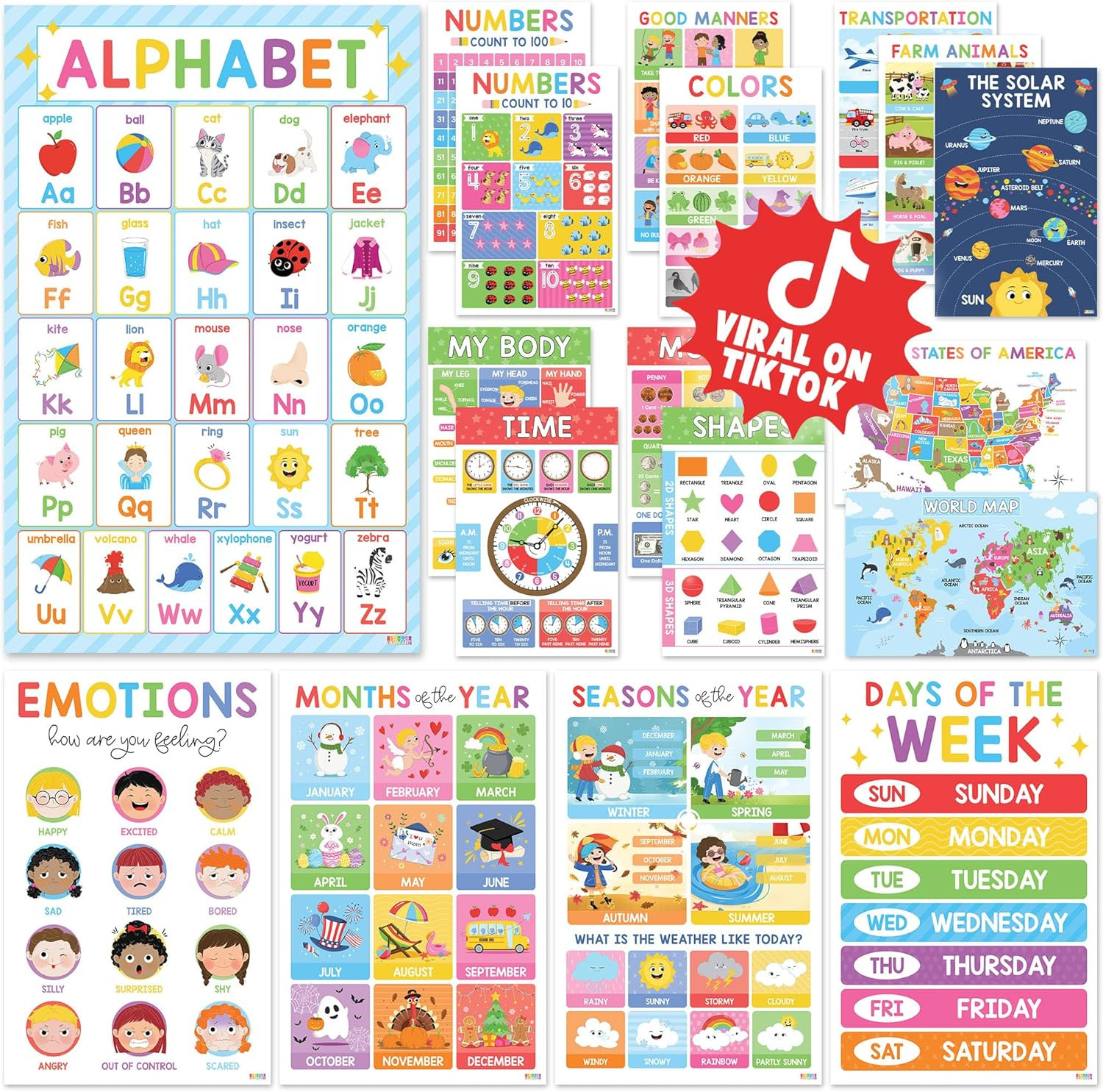 18 Laminated Educational Posters for Toddlers, Preschool Posters for Classroom,