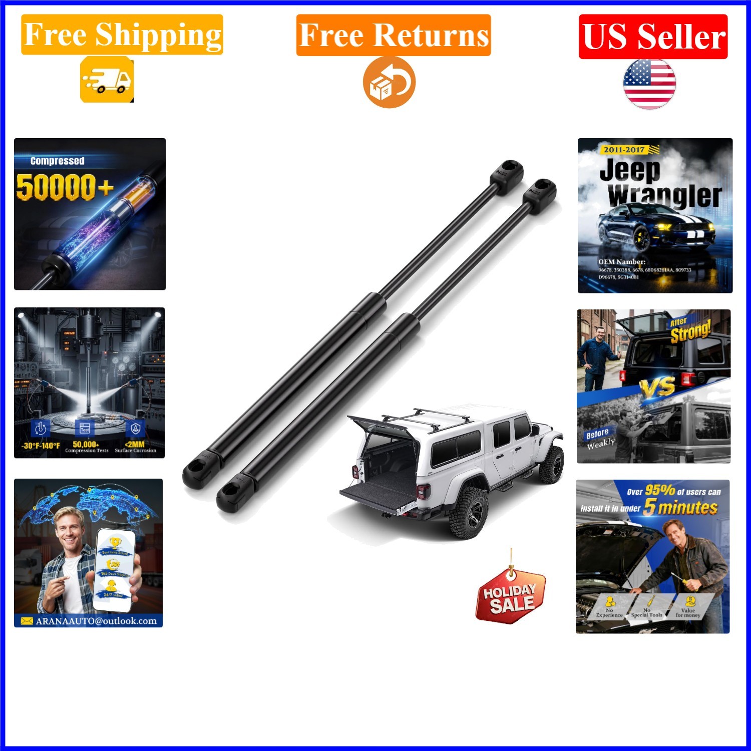 Rear Window Struts for Jeep Wrangler 2011-2017, 2018, Black Metal, 19.68″