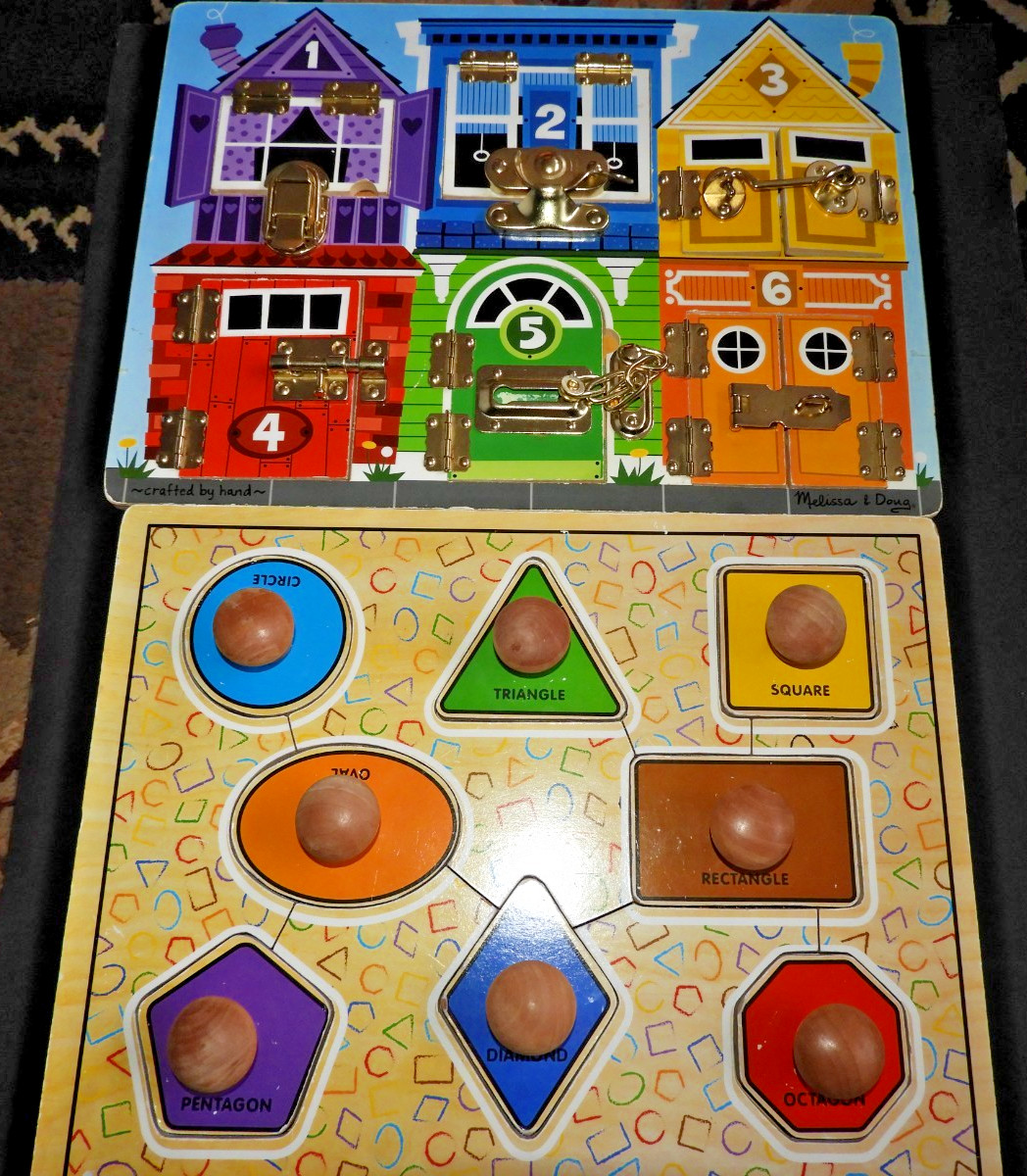 Melissa & Doug Latches Wooden Activity Board & Geometric Shapes Knob Puzzle