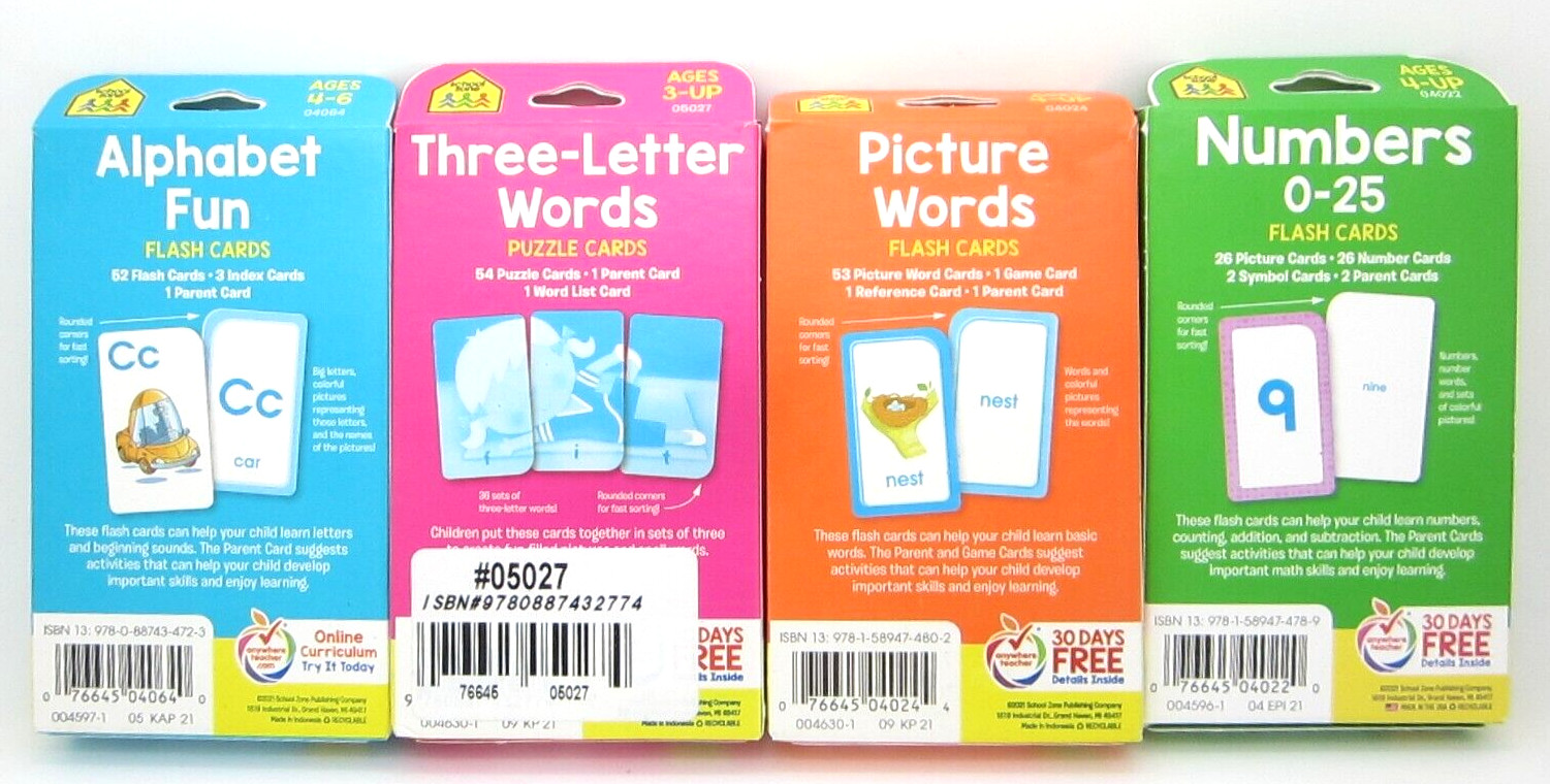 School Zone Flash Cards 4 Pack Alphabet, 3 Letter Words, Picture Words, & Number