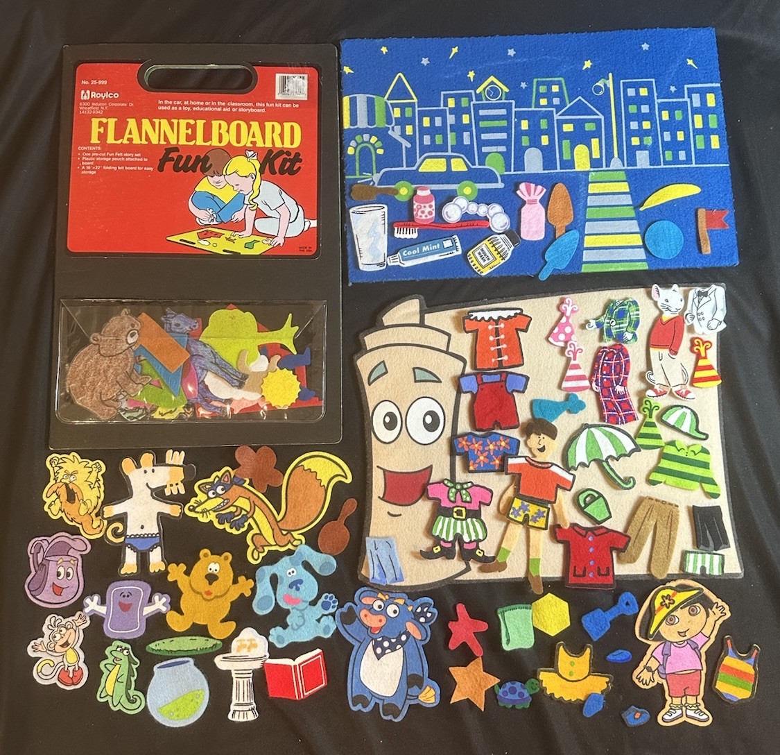 Felt Board Large Lot Of Flannel Animals People Mouse Dora & More With 3 Boards