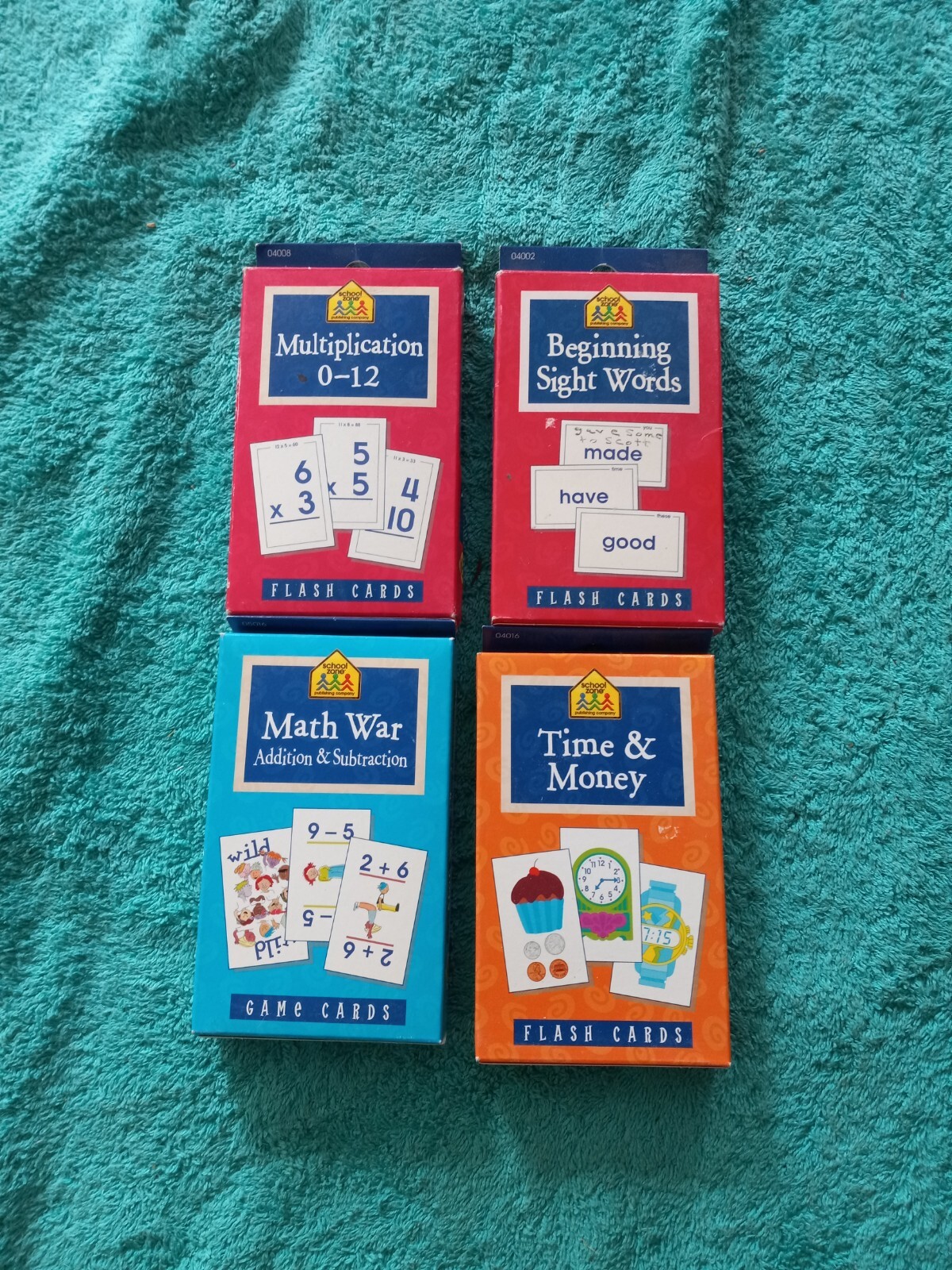 School Zone Flash Cards Lot Of Four Decks, Time Money, Words, Math War, Multiply