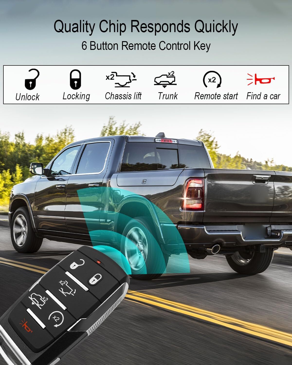 6 Buttons Smart Remote Key Fit for Dodge Ram 1500 Pickup 2019-2022, Keyless