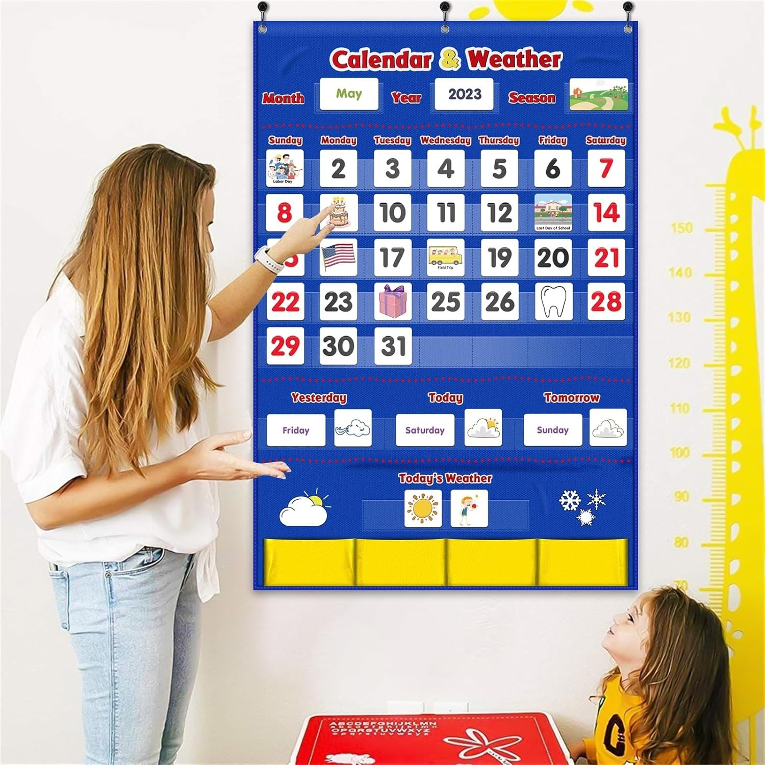 Durable Blue Calendar & Weather Pocket Chart for Preschool Learning – 149 Cards