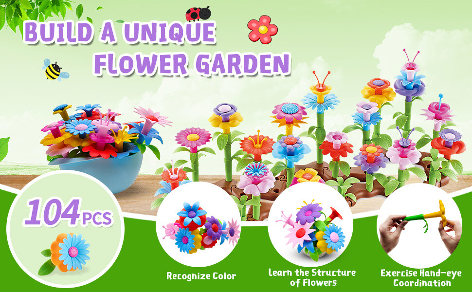 104 Pcs Flower Garden Building Toys with Carrying Case and Watering Can