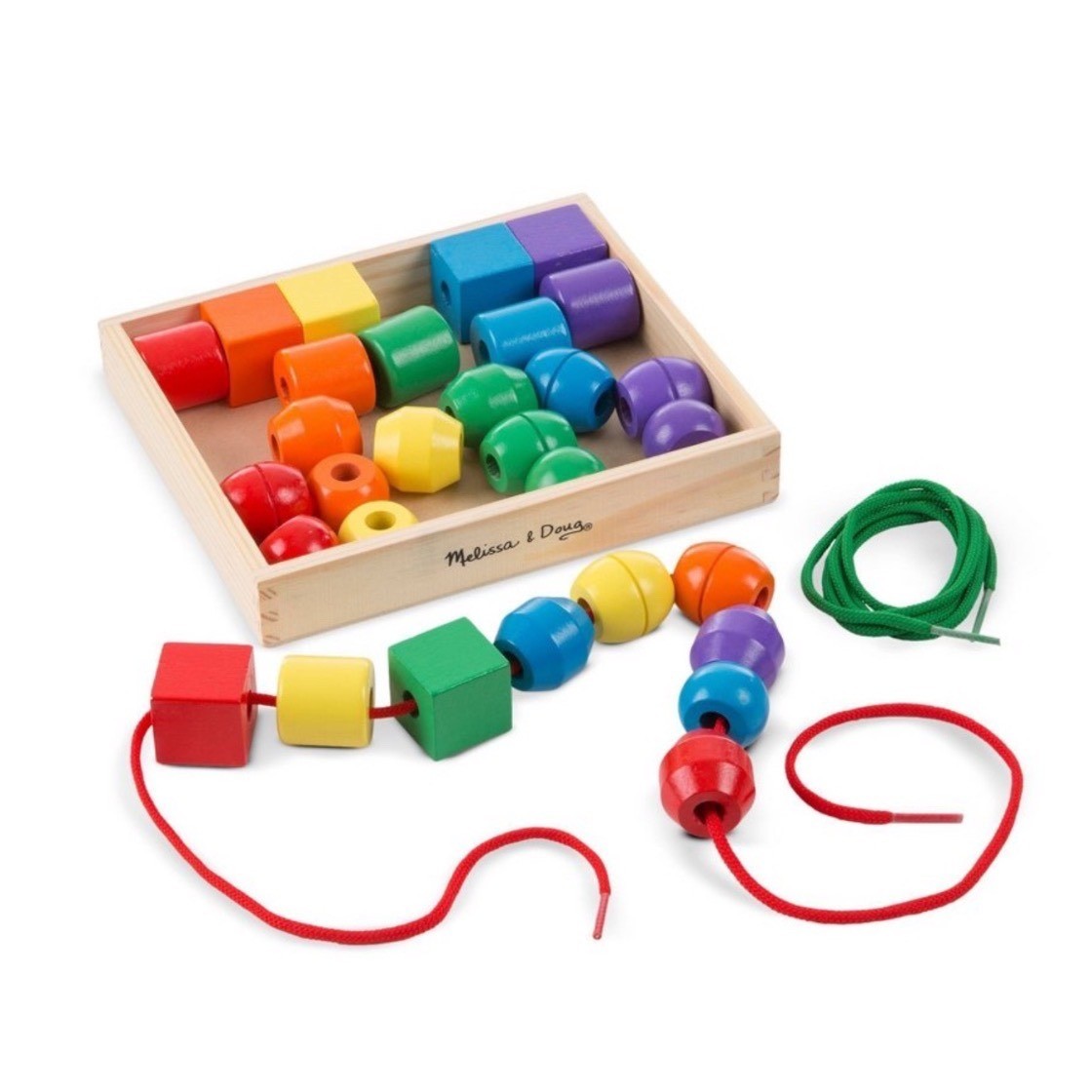 Melissa & Doug Primary Lacing Beads 30 Wooden Beads 2 Laces Educational Toy 3775