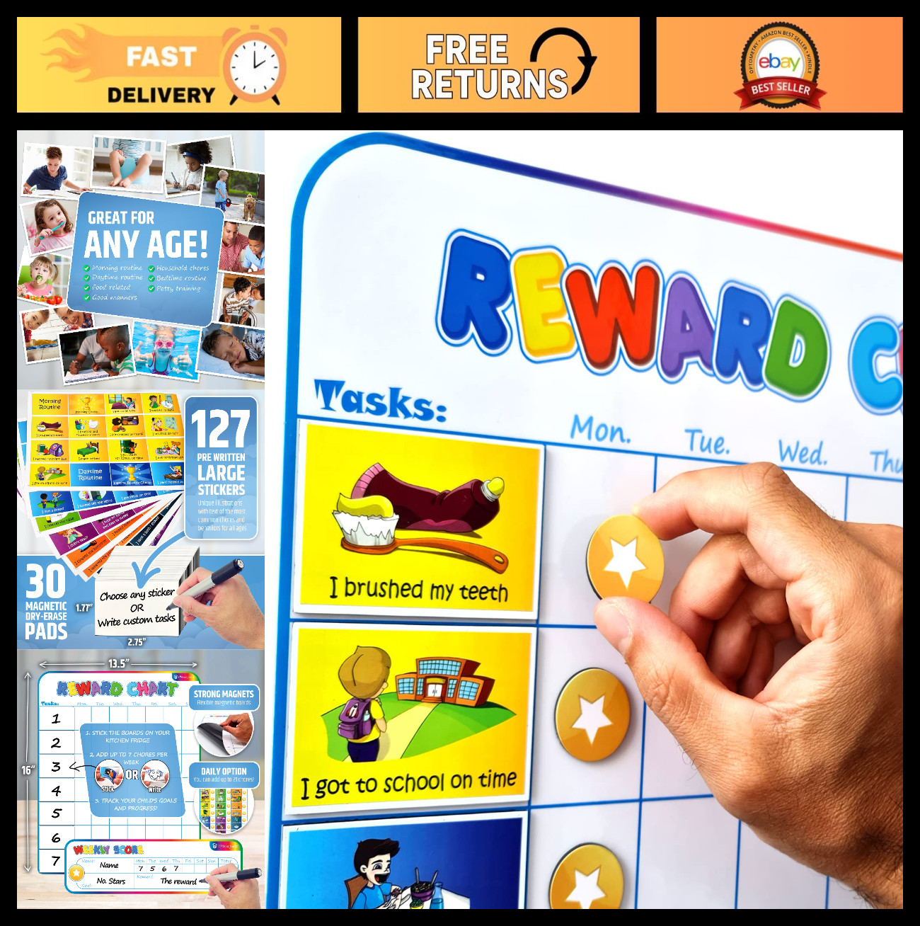 Magnetic Reward Chart for Kids – 127 Stickers & 30 Customizable Chores – Potty T