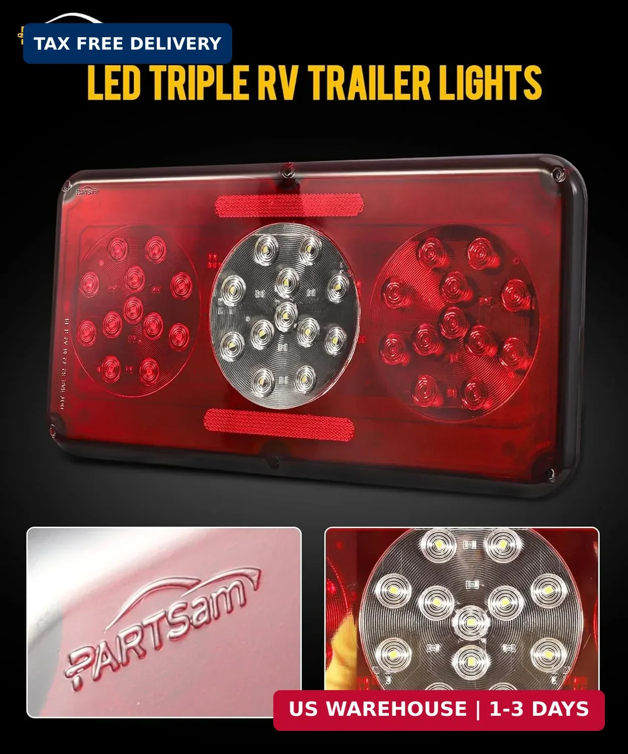 Partsam 2Pcs Rectangle LED Trailer Camper RV Triple Tail Lights Stop Turn Tail B
