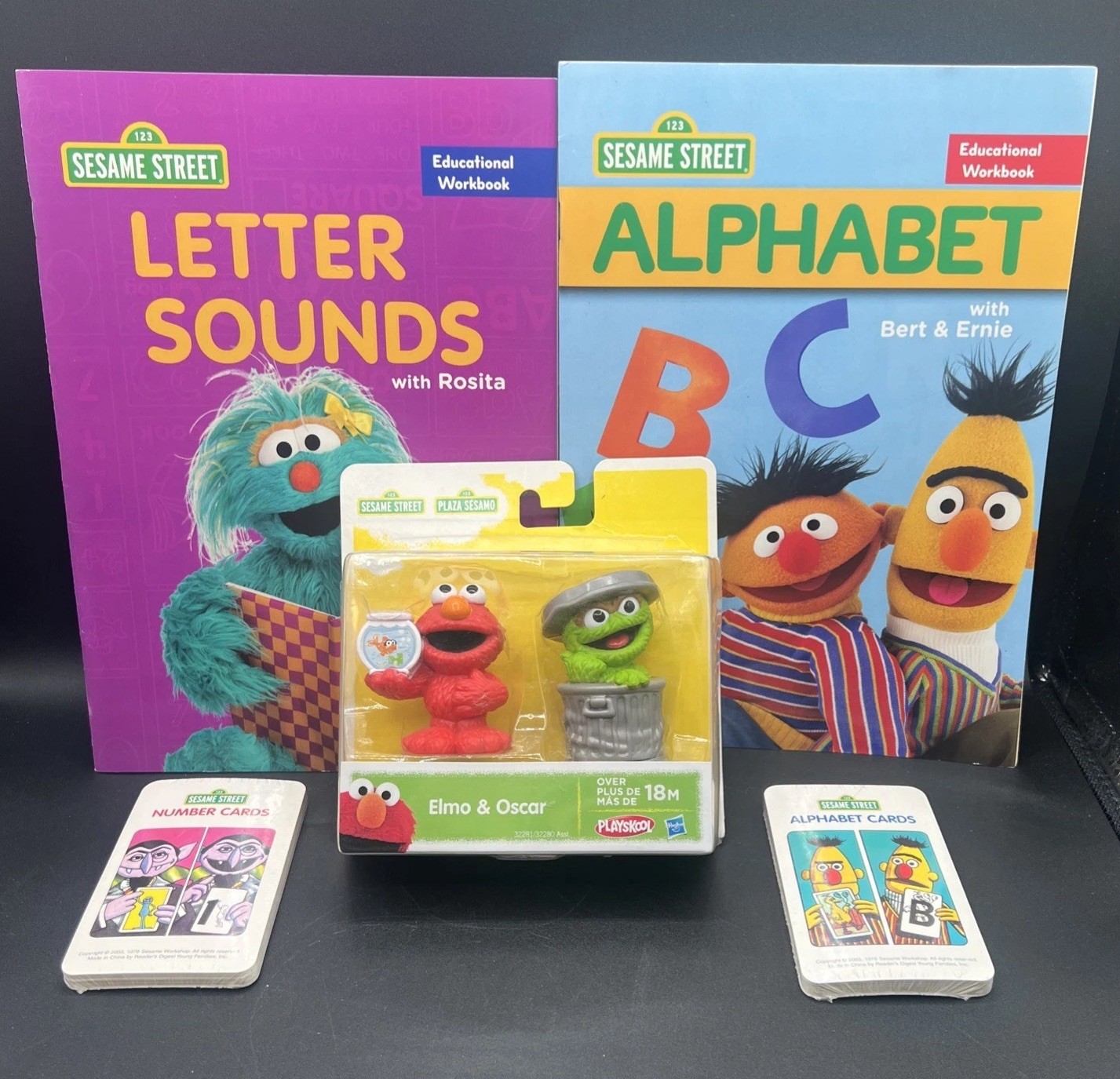 Set of 2 Vintage Sesame Street Number & Alphabet Flash Cards, 2 Workbooks & Toy