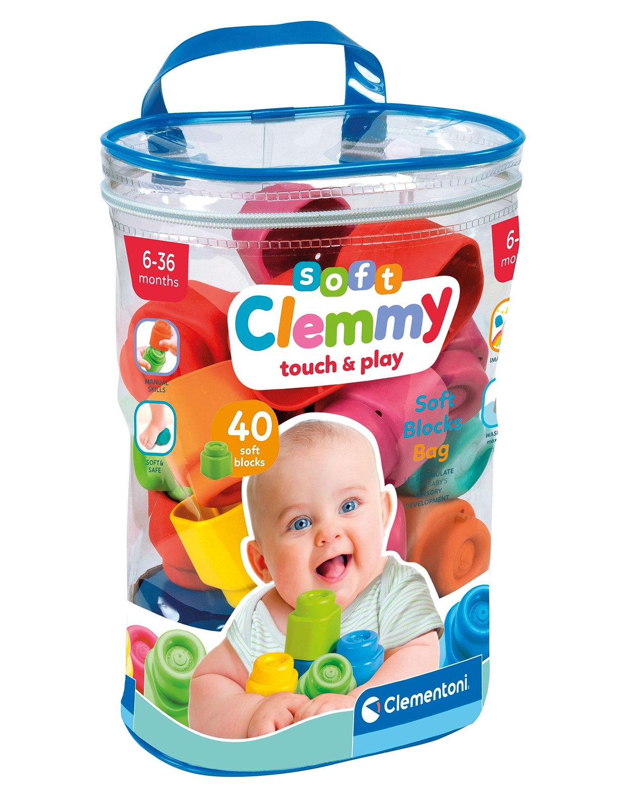 Clementoni Baby Bag 40 Pieces-Soft Building, Clemmy Blocks for Kids 6 Months, Br