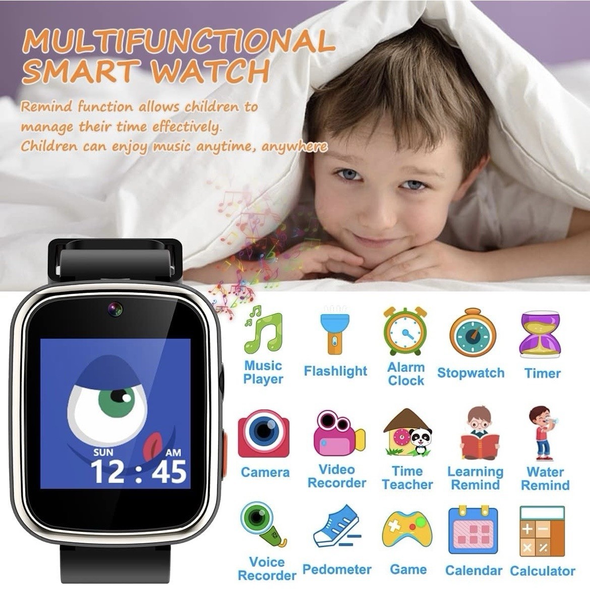 Vakzovy Unisex Black Waterproof Kids Smart Watch With Dual Camera, Music & Games