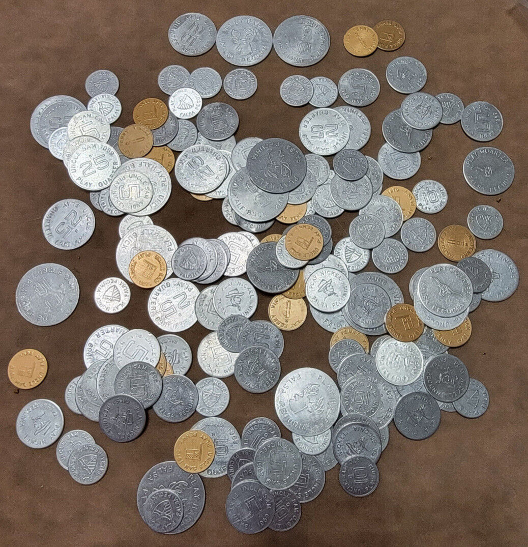 large set of play paper money bills and METAL play coins