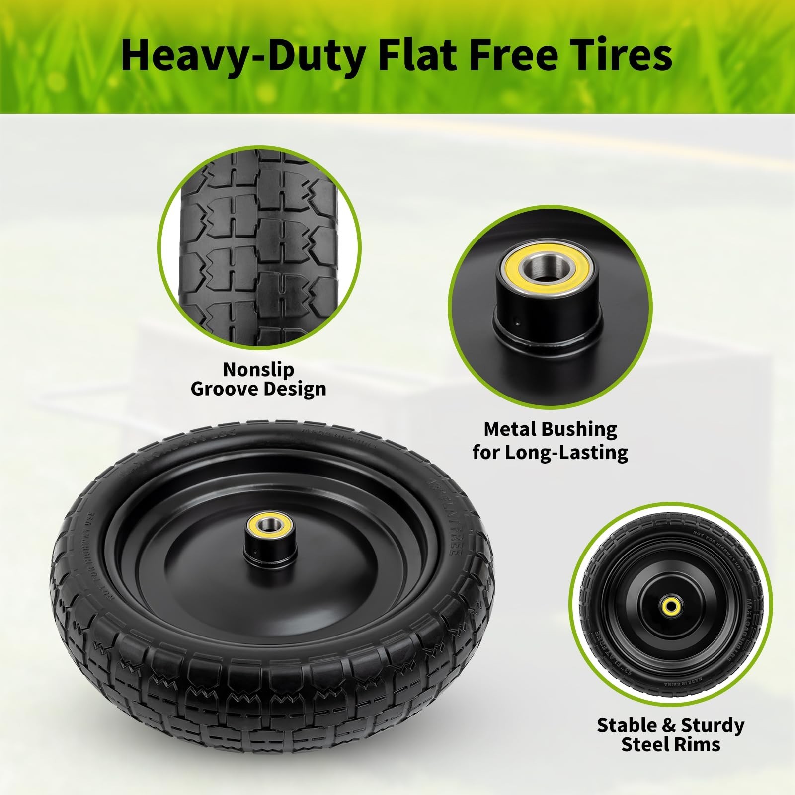 13 Inch Wheelbarrow Wheels, 4.00-6 Solid Flat Free Tires with 5/8″ Axle Bore …
