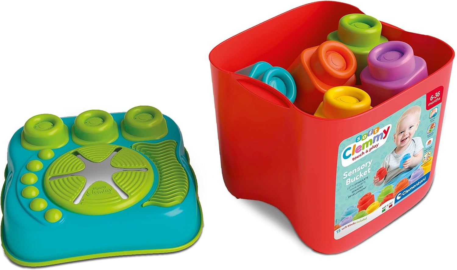 Clementoni 17807 Sensory Bucket, Clemmy Soft Blocks for 6 Months, Building Brick