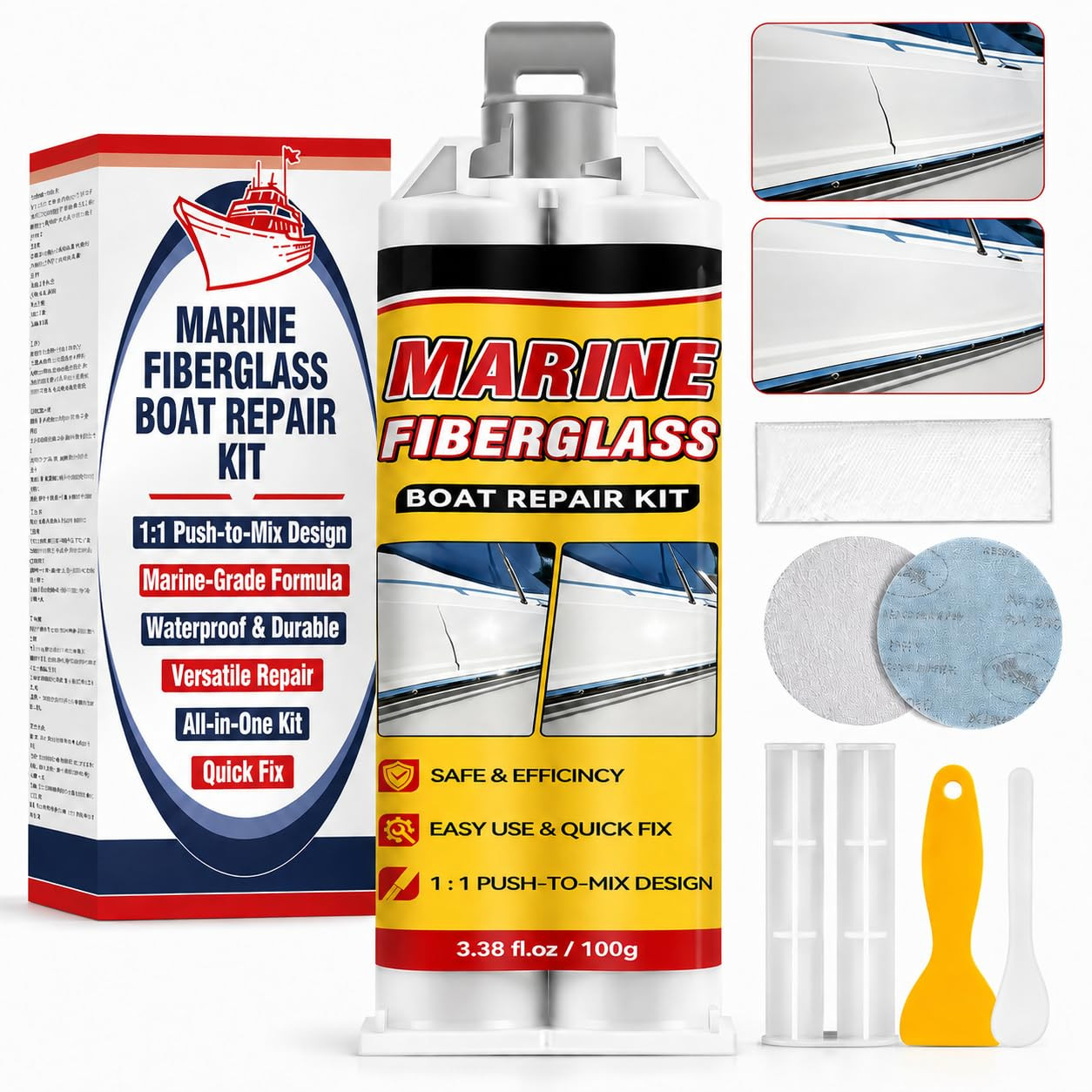 Marine Fiberglass Repair Kit for Boats, Gelcoat Repair Kit with Waterproof Epoxy