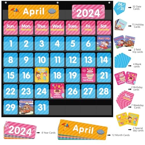 Large 44 Pockets Calendar Pocket Chart for Classroom with 85 44Pockets-1Pack