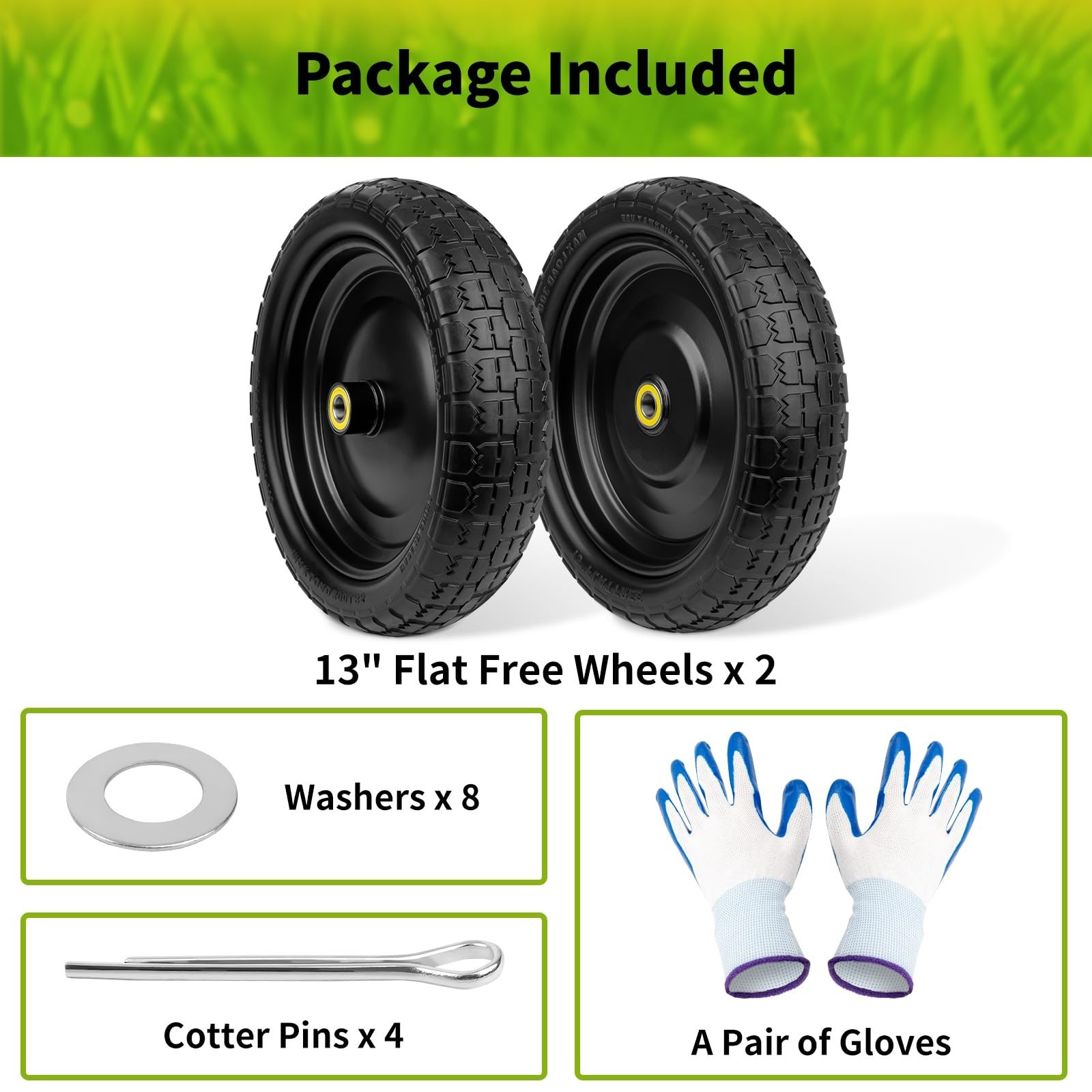 13 Inch Wheelbarrow Wheels, 4.00-6 Solid Flat Free Tires with 5/8″ Axle Bore …