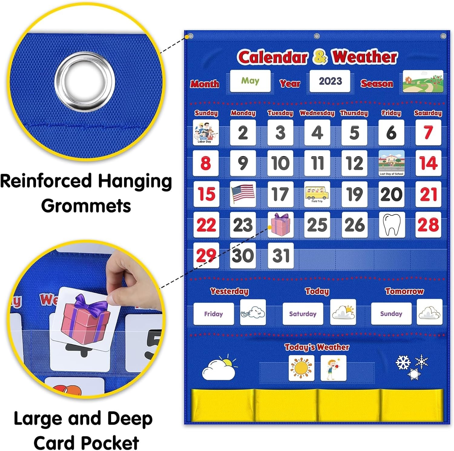 Durable Blue Calendar & Weather Pocket Chart for Preschool Learning – 149 Cards