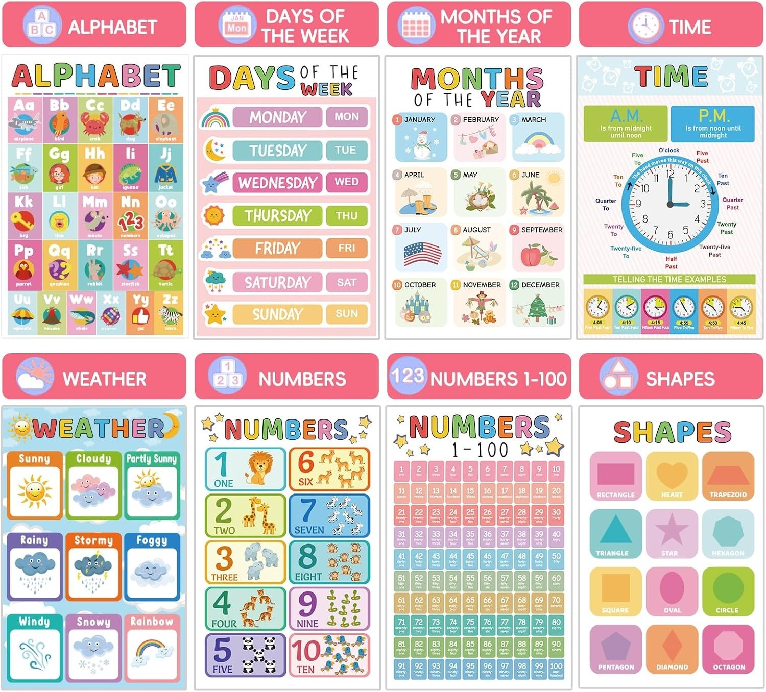 Essential 16 Educational Posters for Preschool Homeschool – Waterproof & Durable