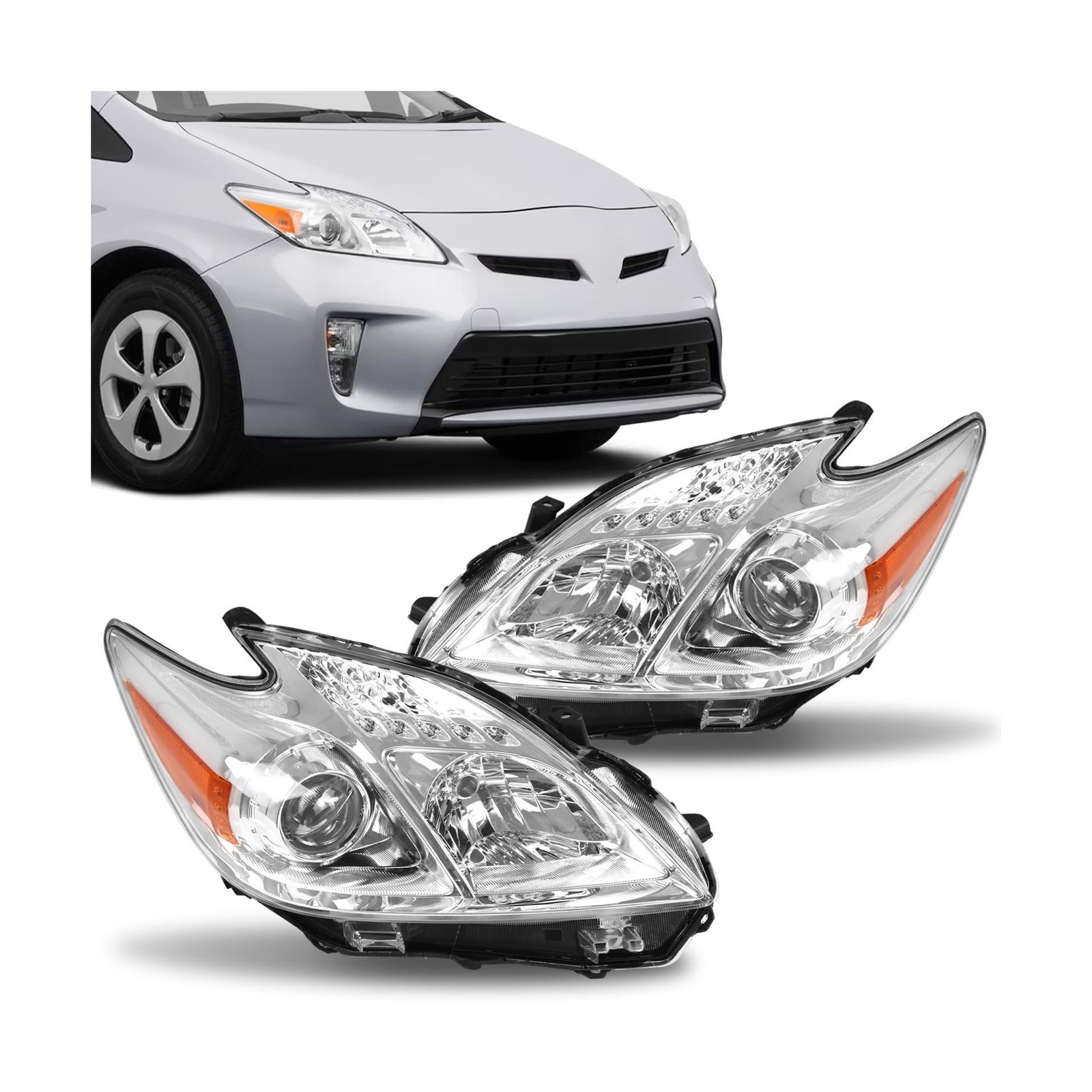 Headlight Assembly Pair Chrome-Fit Toyota Prius 2010-15(Not C/V)