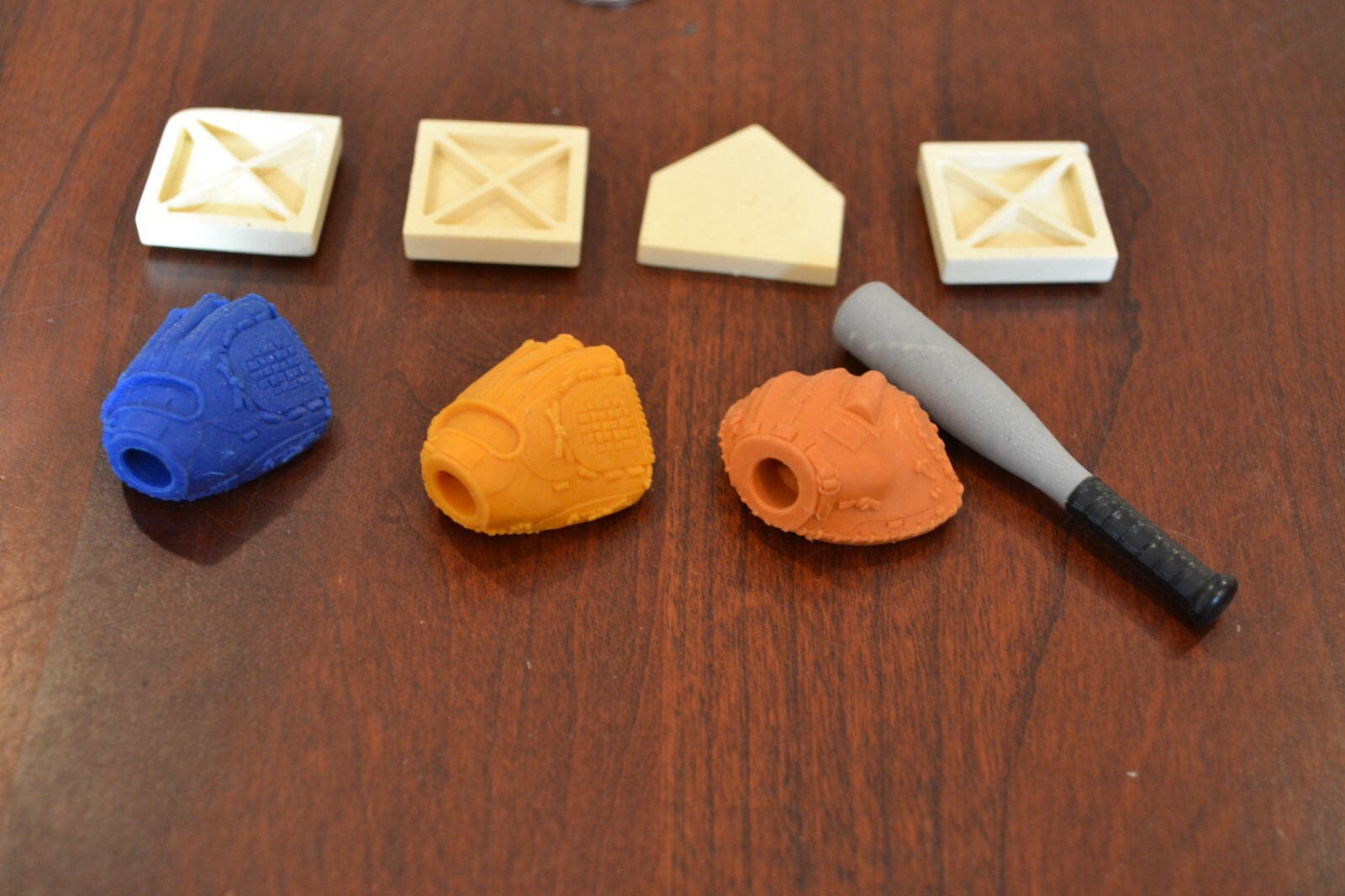 VINTAGE JAPANESE ERASERS BASEBALL THEMED BASES, BAT AND GLOVES SPORTS