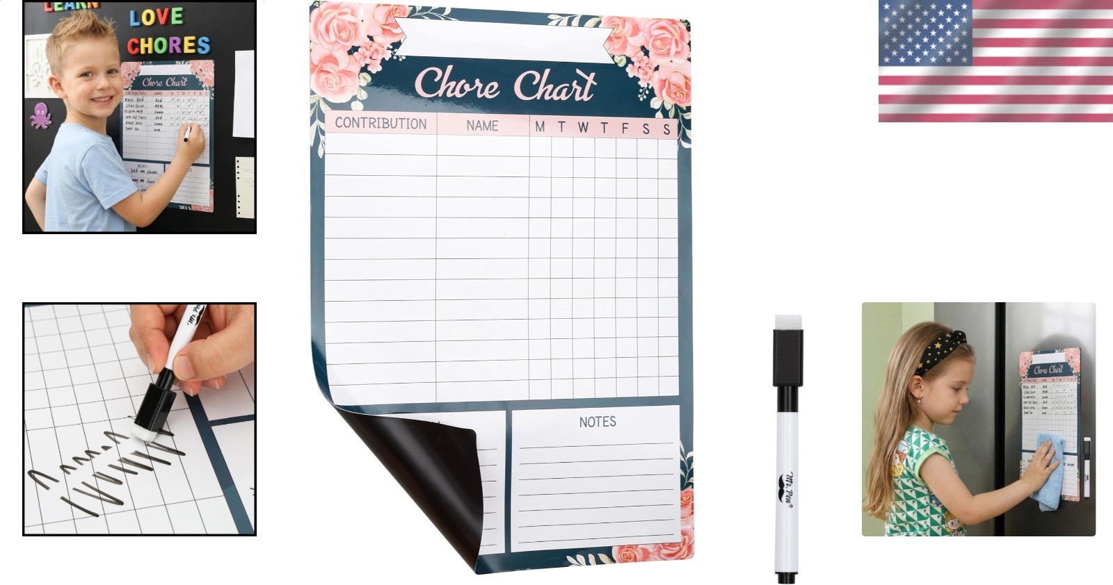 Fridge Magnetic Dry Erase Chore Chart 17×12 Floral Weekly Responsibility Tracker