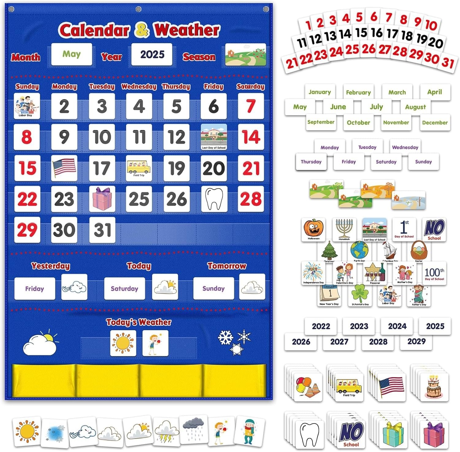 Durable Blue Calendar & Weather Pocket Chart for Preschool Learning – 149 Cards