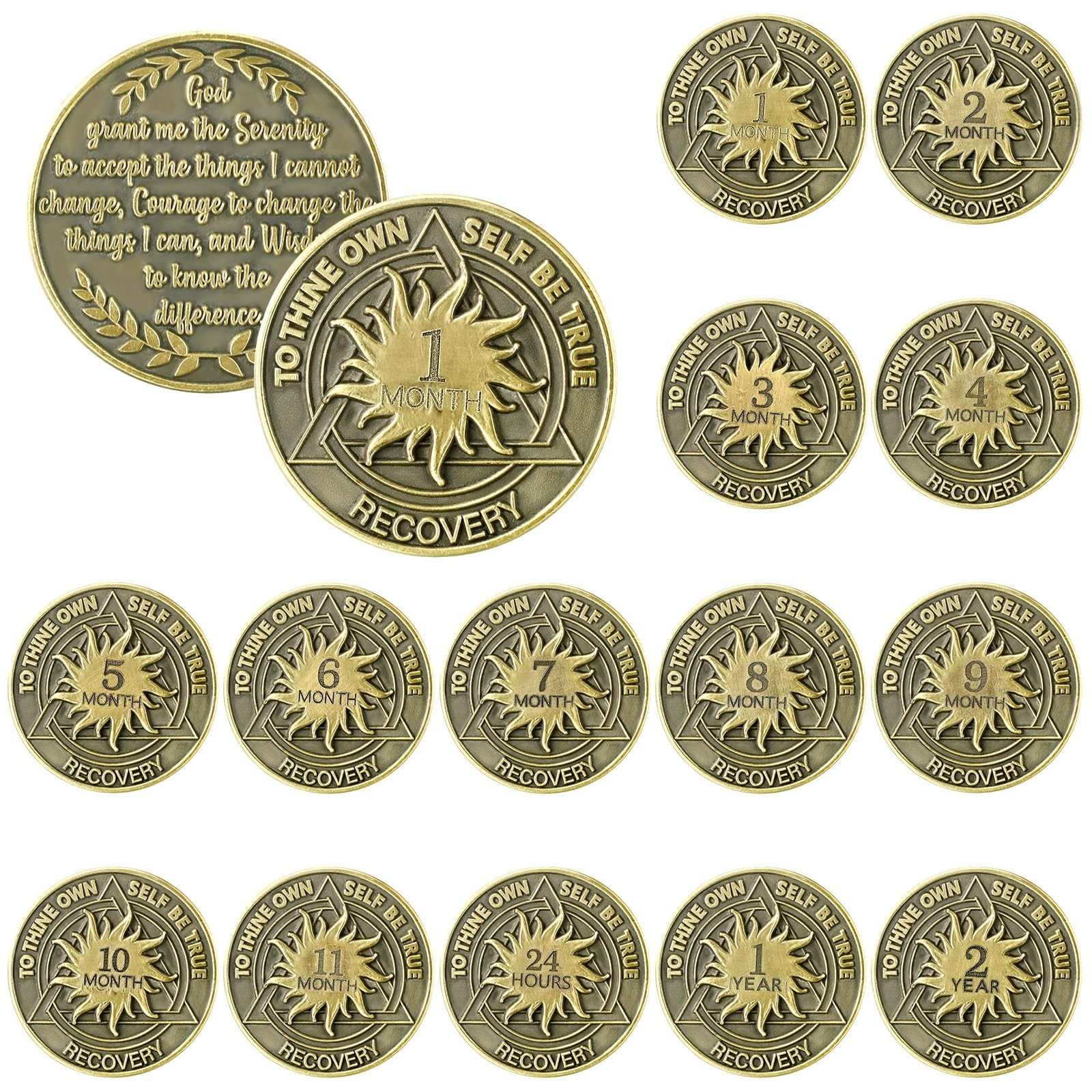 Kenning 14 Pcs Sobriety Coin 1-11 Month 1 Year 2 Year 24 Hours AA Medallions …