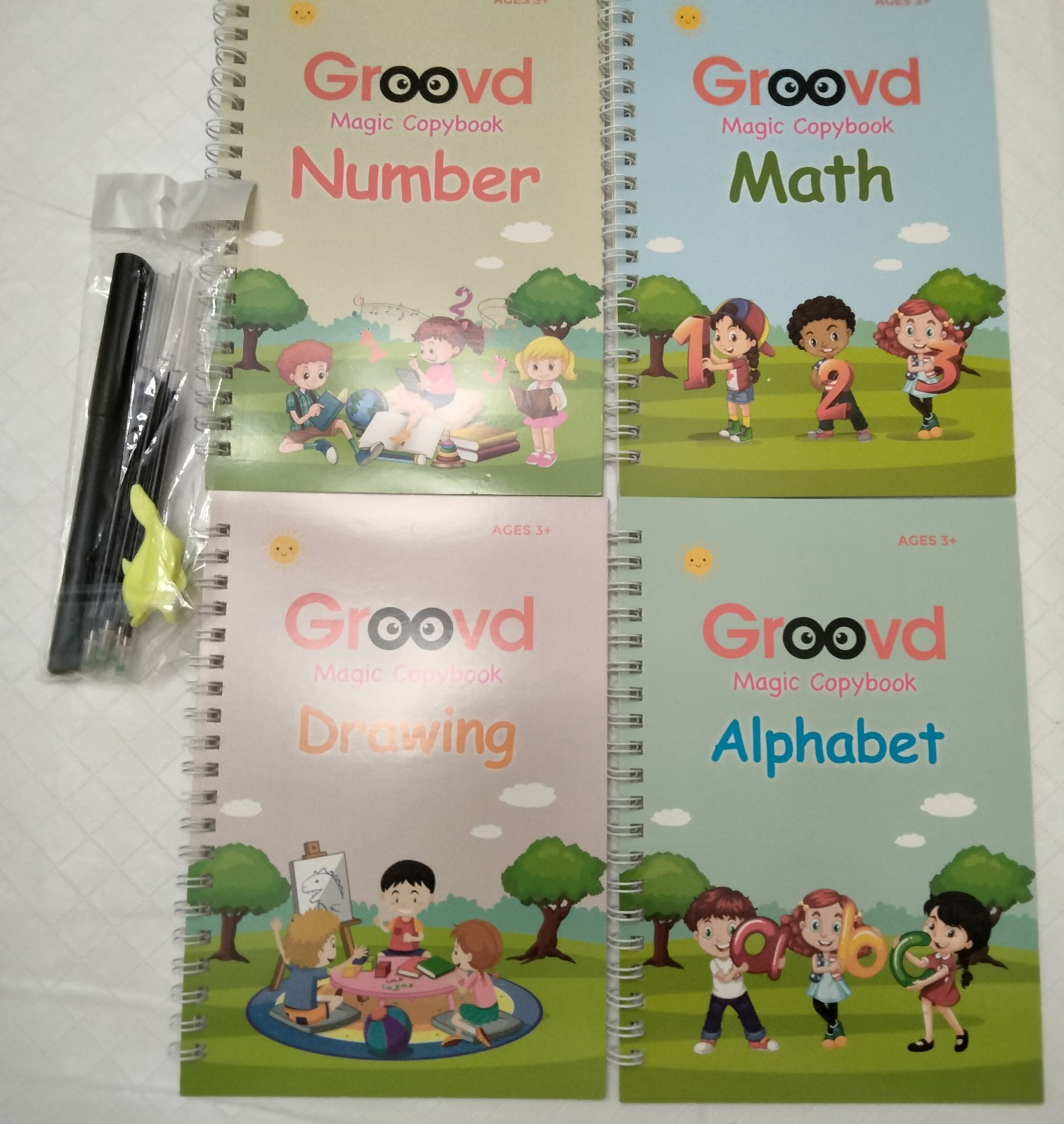 Set of 4 Groovd Magic Copybooks Alphabet, Math, Drawing, Number w/ pen ages 3+
