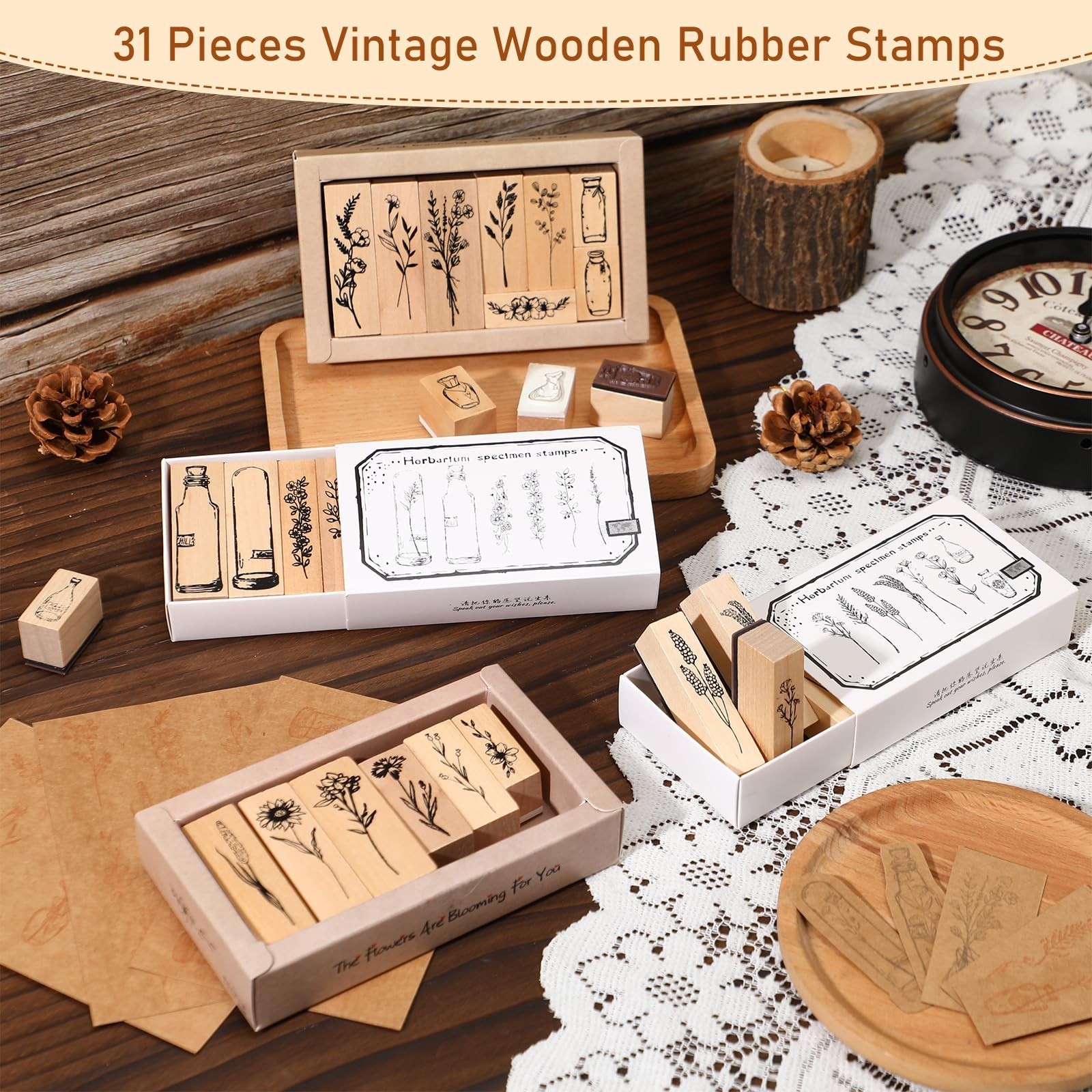 Marspark 31 Pcs Flower Wooden Rubber Stamps for Crafting Vintage Plant Decora…