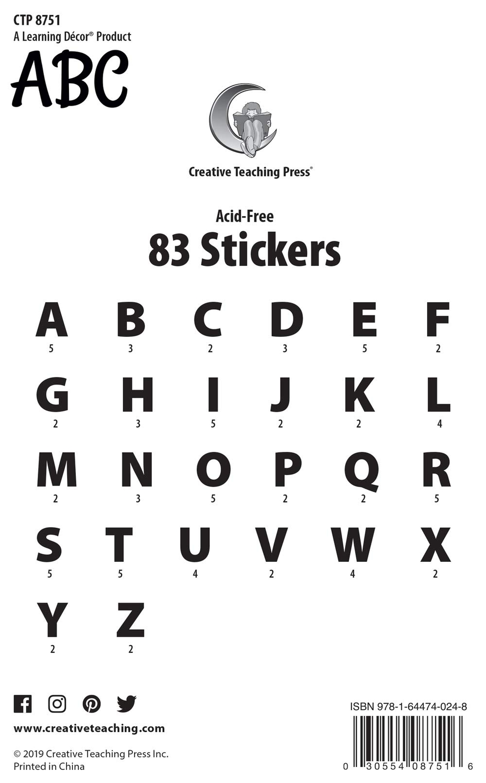 Creative Teaching Press Stylish Black 2″ Uppercase Letter Stickers (8751)